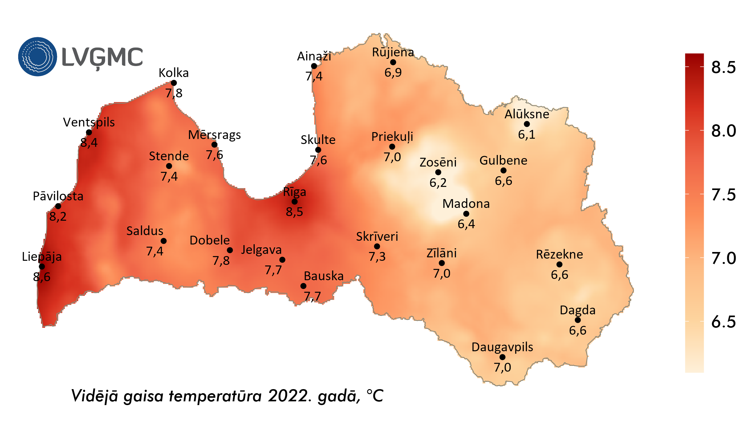 Vidējās gaisa temperatūra 2022. gadā, °C 