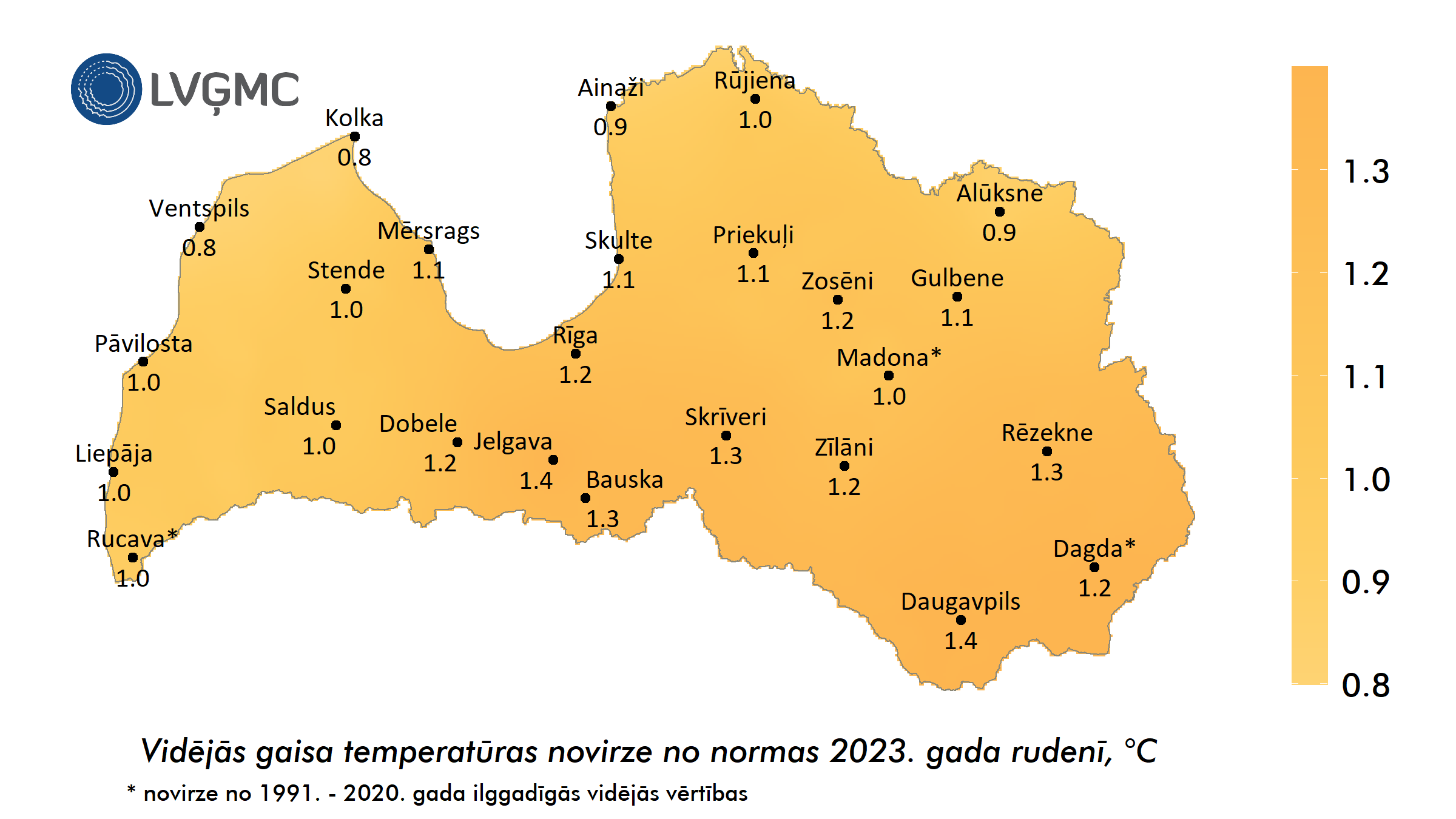 Vidējās gaisa temperatūras novirze no normas 2023. gada rudenī, °C