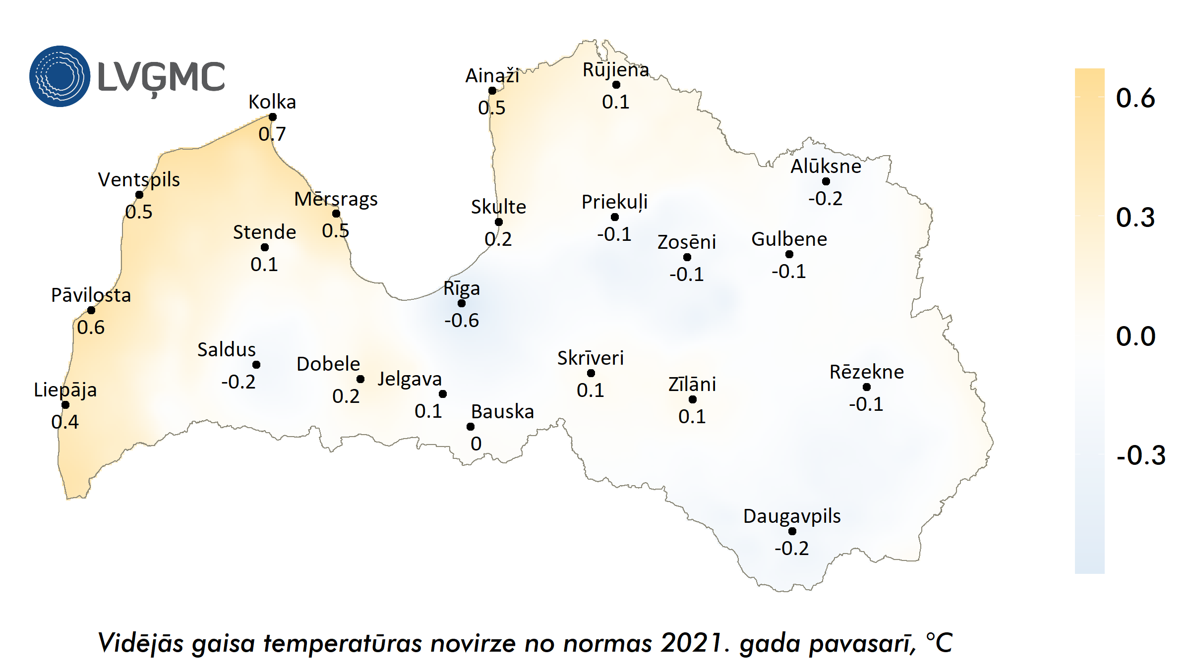 Vidējās gaisa temperatūras novirze no normas 2021. gada pavasarī, °C