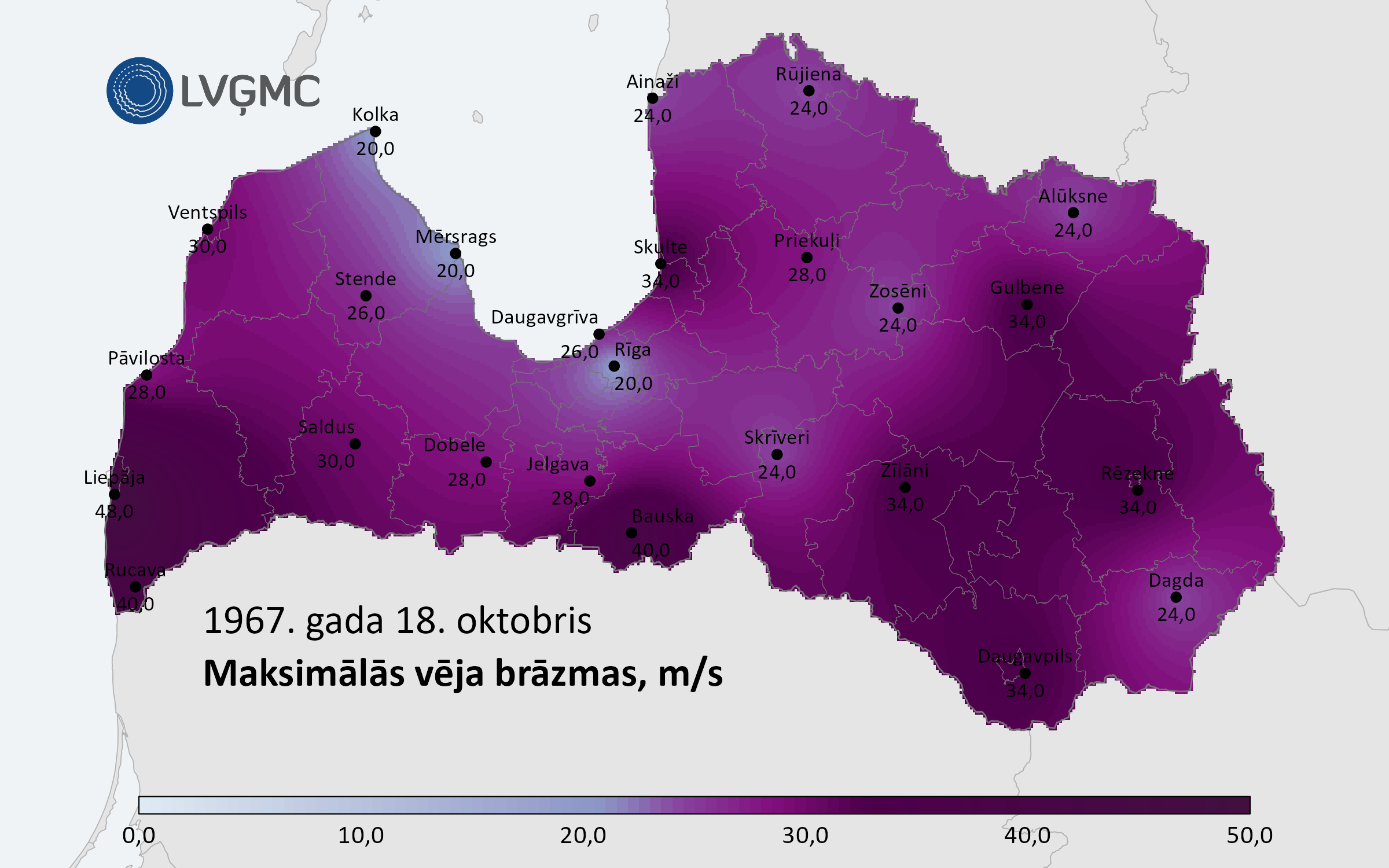 Maksimālās vēja brāzmas Latvijā 1967. gada 18. oktobrī, m/s