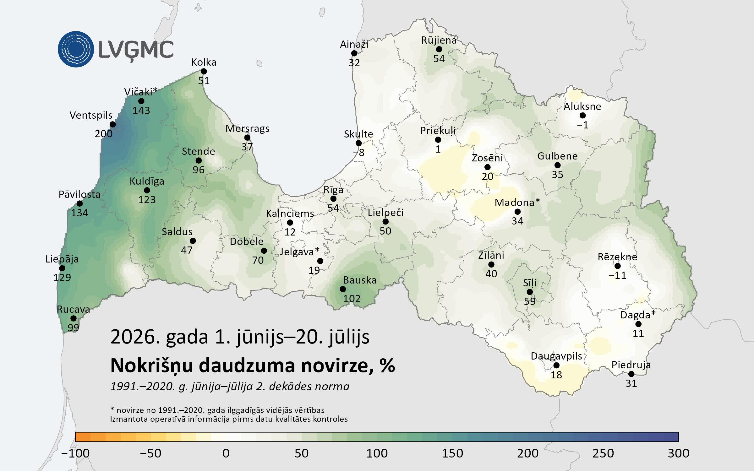 1. jūnija līdz 20. jūlija nokrišņu daudzuma novirze no vasaras pirmo piecu dekāžu normas, mm