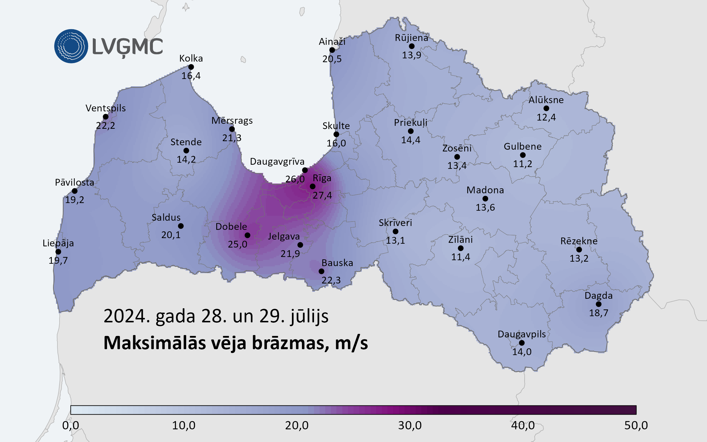 Maksimālās vēja brāzmas 2024. gada 28. un 29. jūlijā, m/s