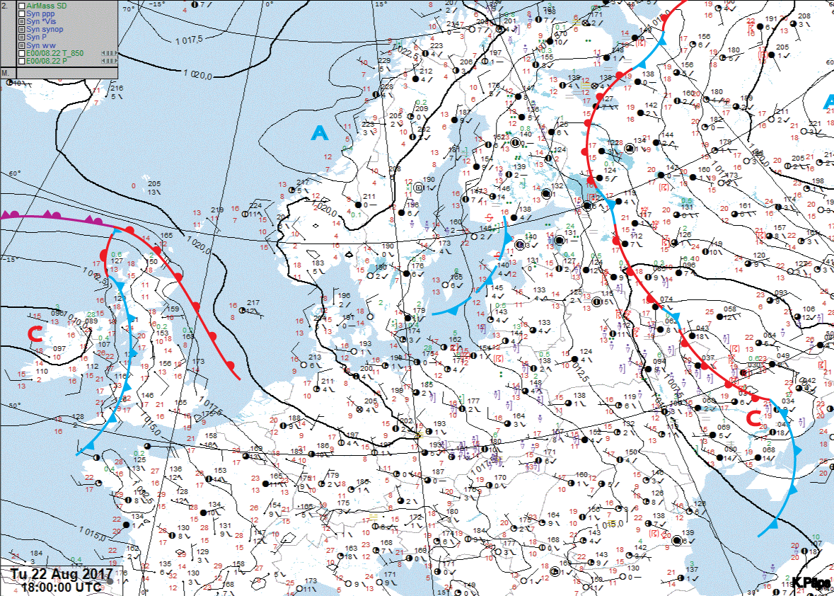 LVĢMC frontālā analīze 22. augustā pl. 18.00 UTC