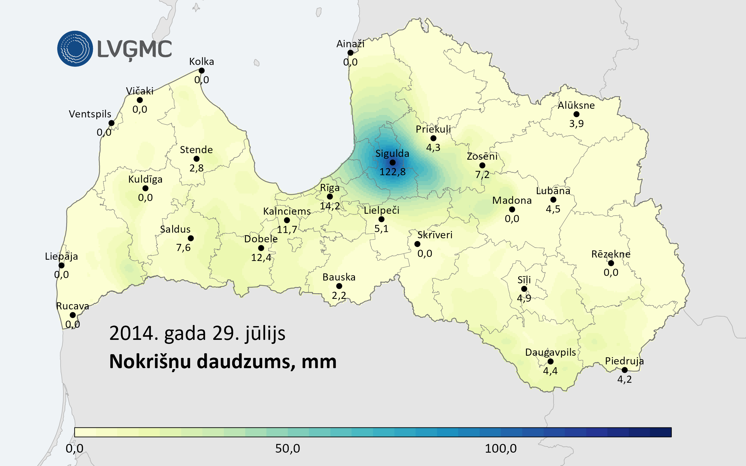 Kopējais nokrišņu daudzums 2014. gada 29. jūlijā, mm