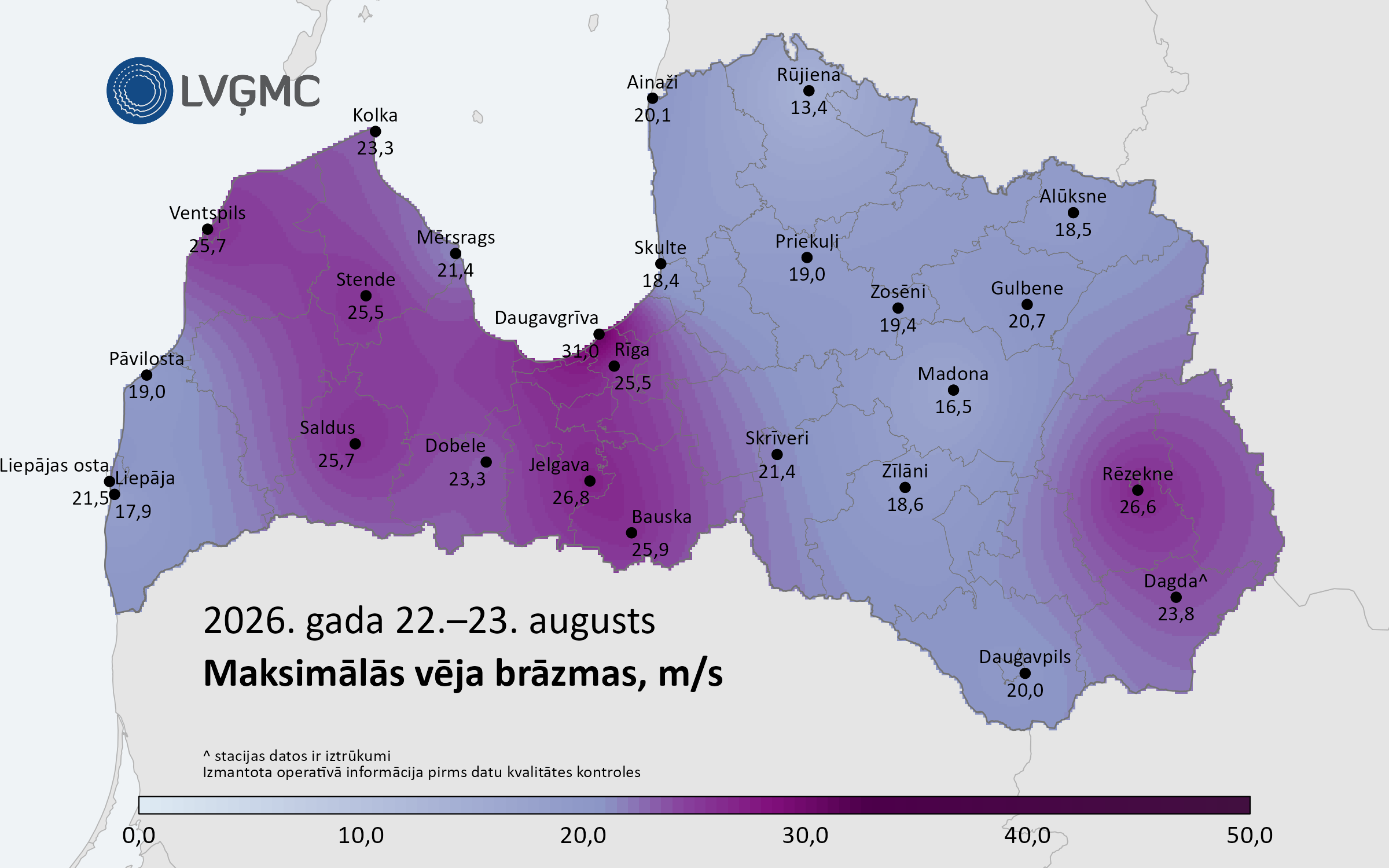 Maksimālās vēja brāzmas Latvijā 2026. gada 22.–23. augustā