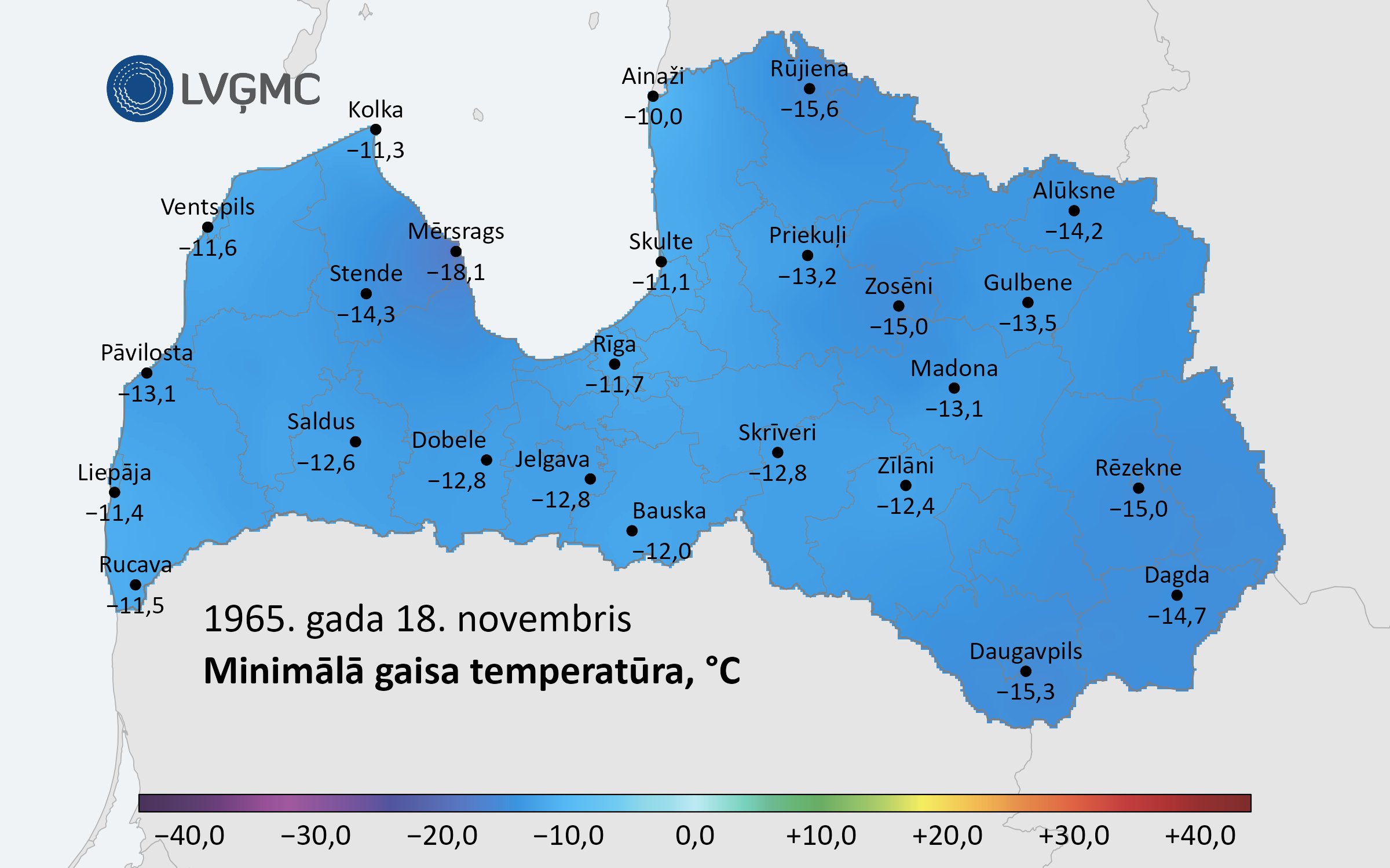 Minimālā gaisa temperatūra 1965. gada 18. novembrī