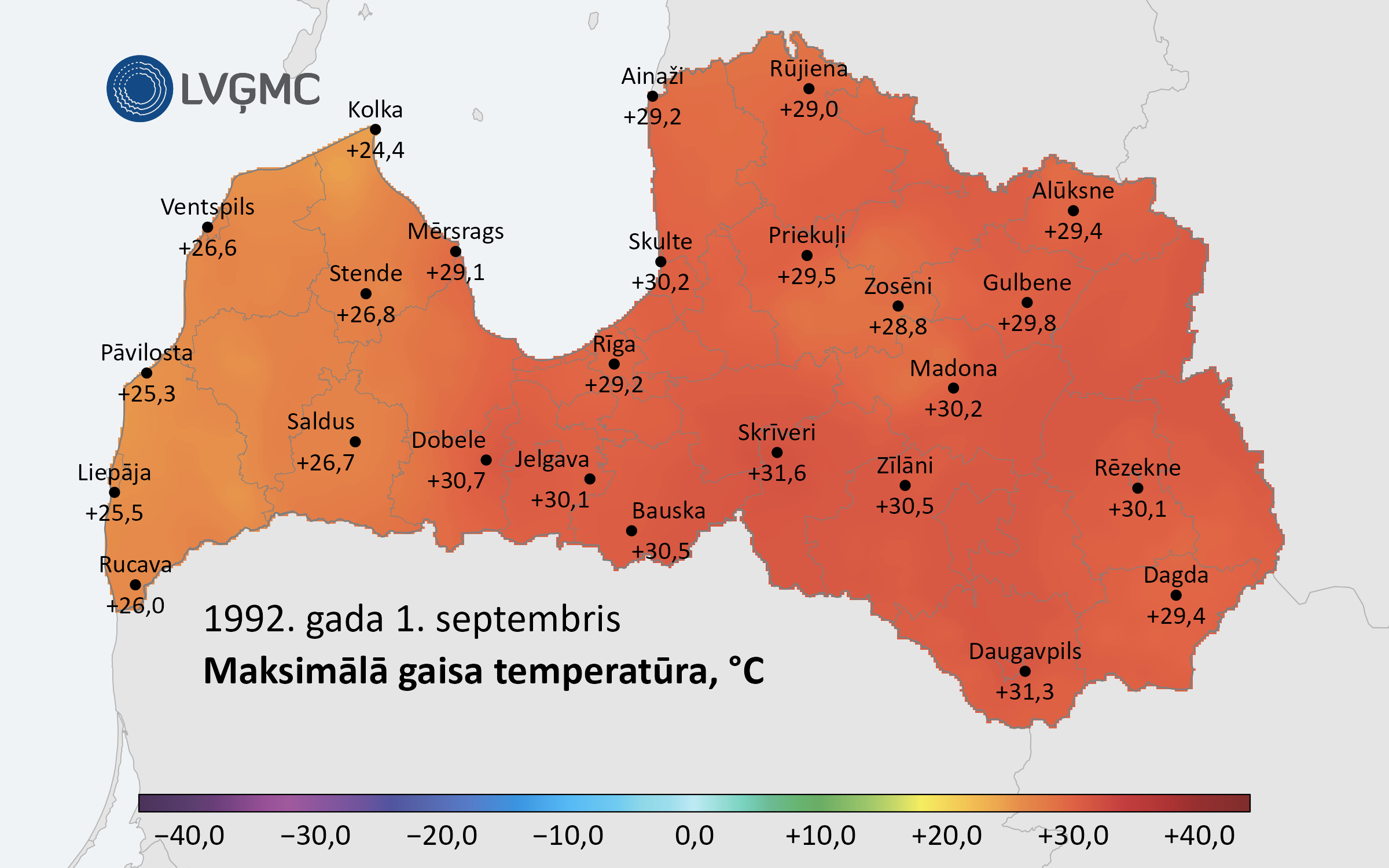 Maksimālā gaisa temperatūra 1992. gada 1. septembrī, °C