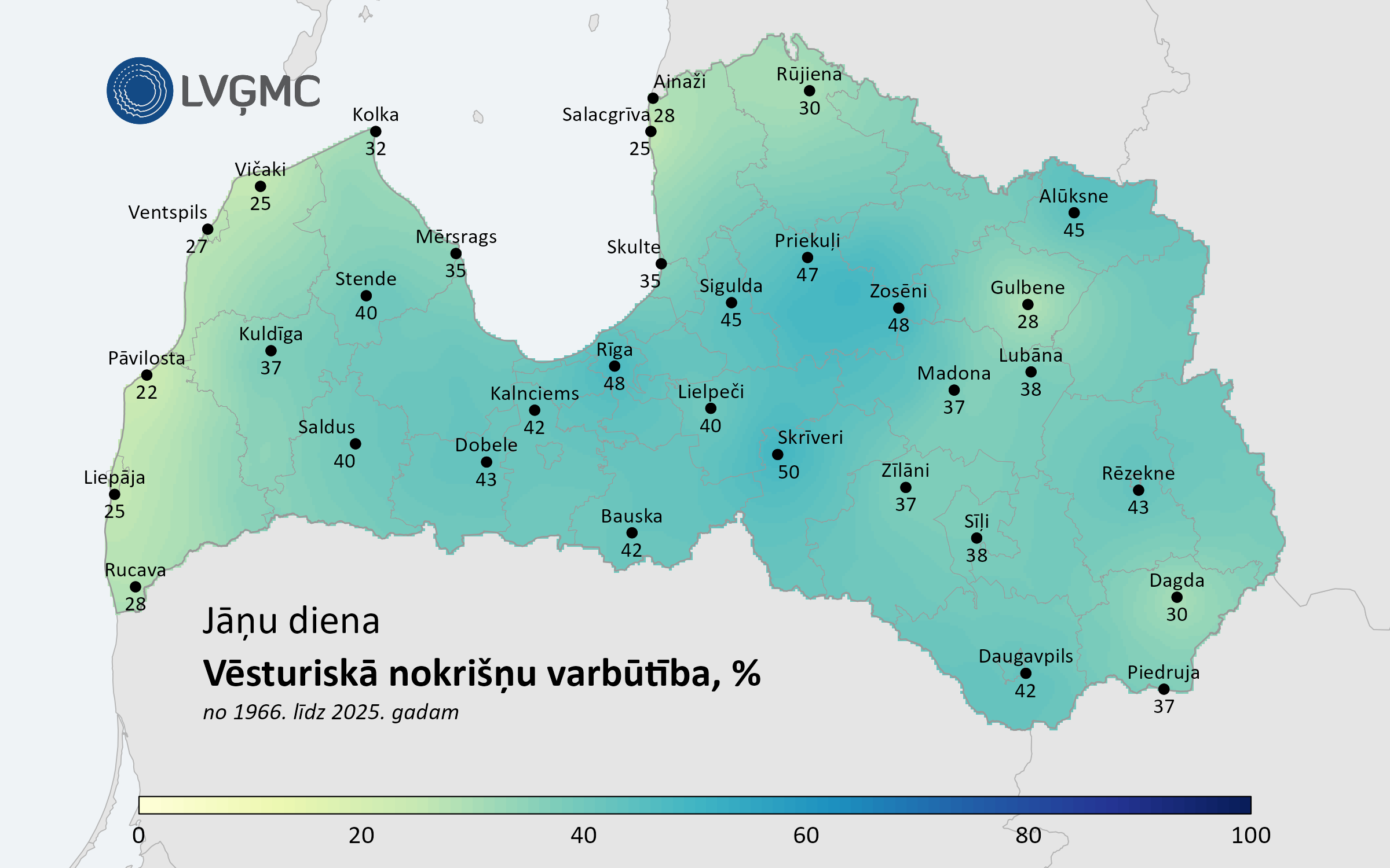 Vēsturiskās nokrišņu daudzuma varbūtības Jāņu dienā (1966.–2025. gads), %