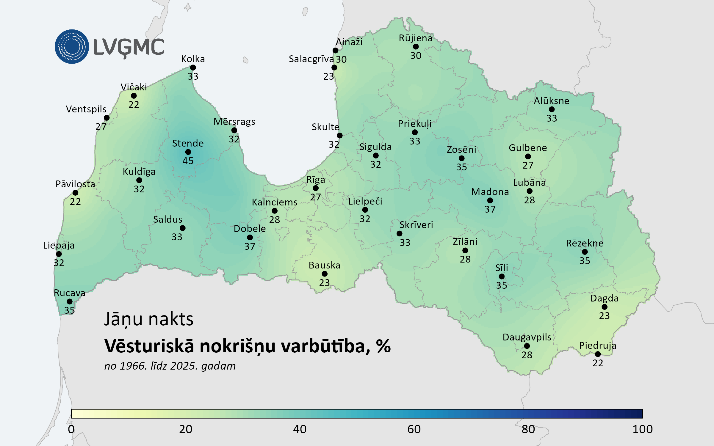 Vēsturiskās nokrišņu daudzuma varbūtības Jāņu naktī (1966.–2025. gads), %