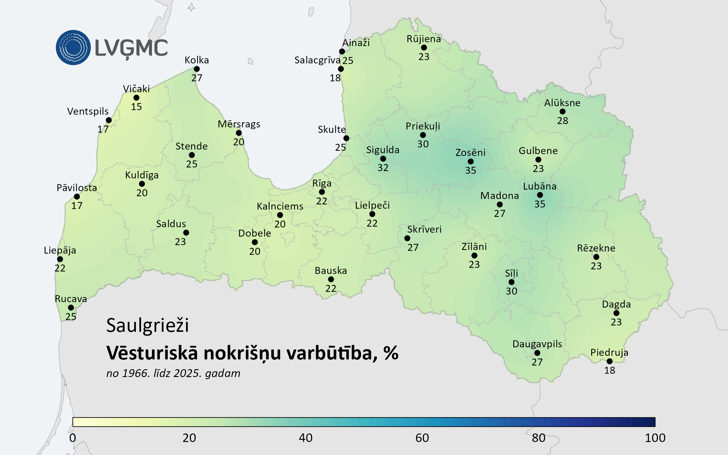 Vēsturiskās nokrišņu daudzuma saulgriežu naktī (1966.–2025. gads), %