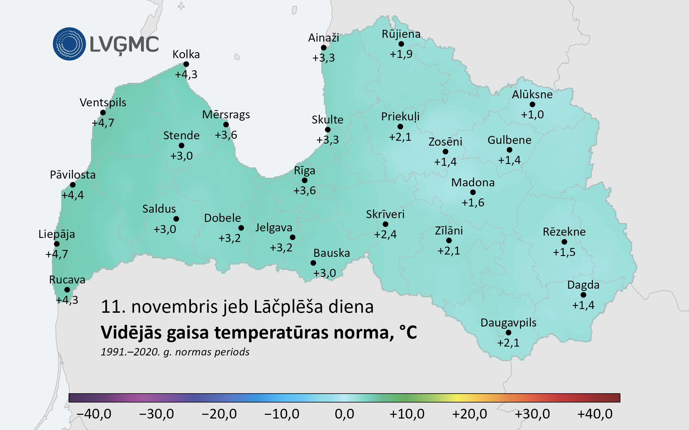 11. novembra diennakts vidējās gaisa temperatūras norma, °C 