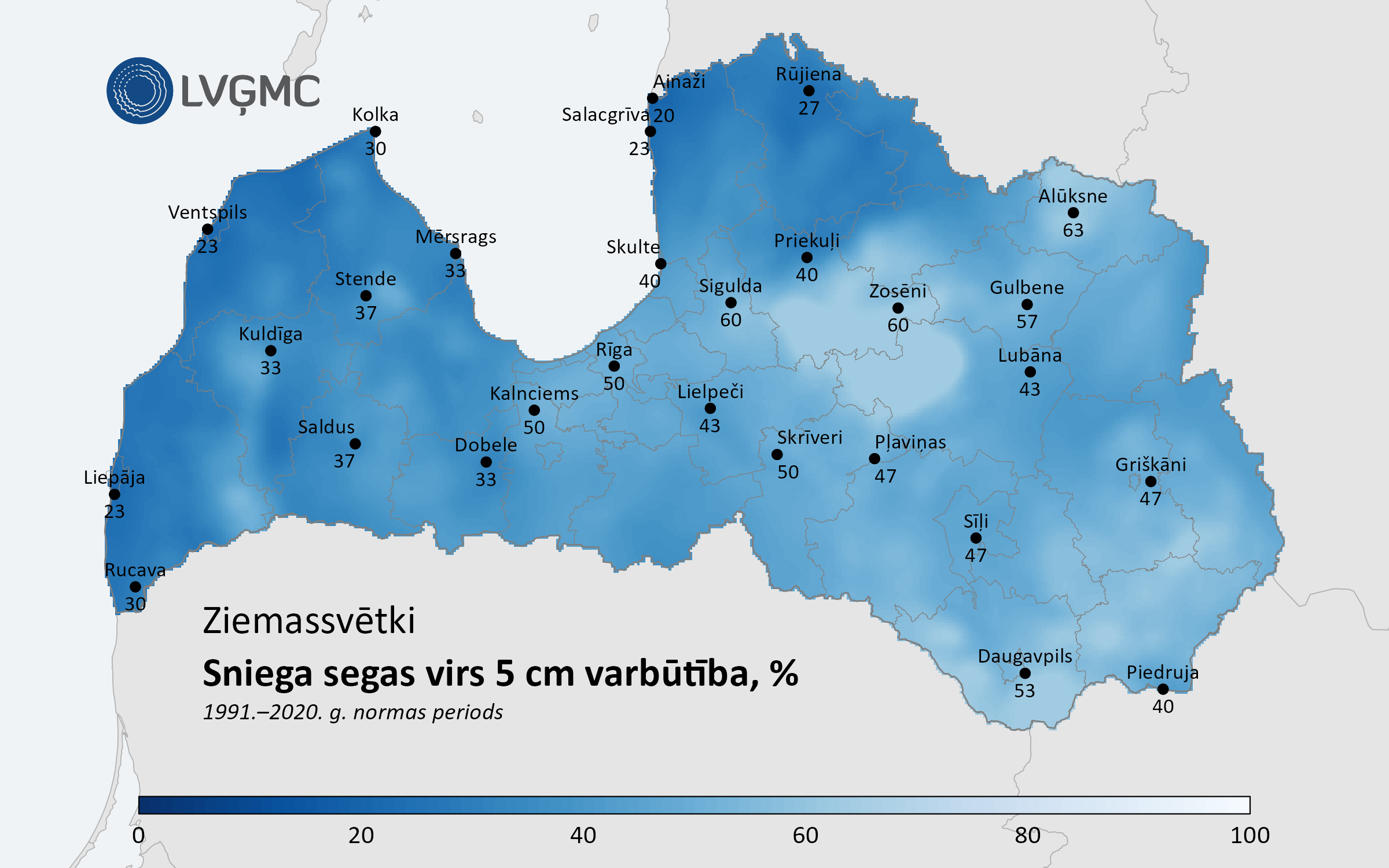 Ziemassvētki ar sniega segu vismaz 5 cm klimatiskās normas periodā