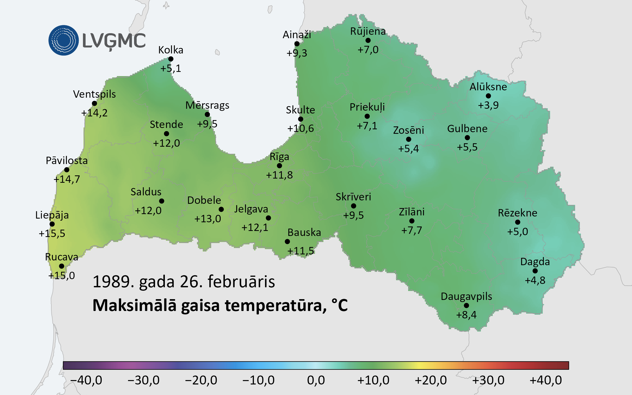 Maksimālā gaisa temperatūra Latvijā 1989. gada 26. februārī, °C