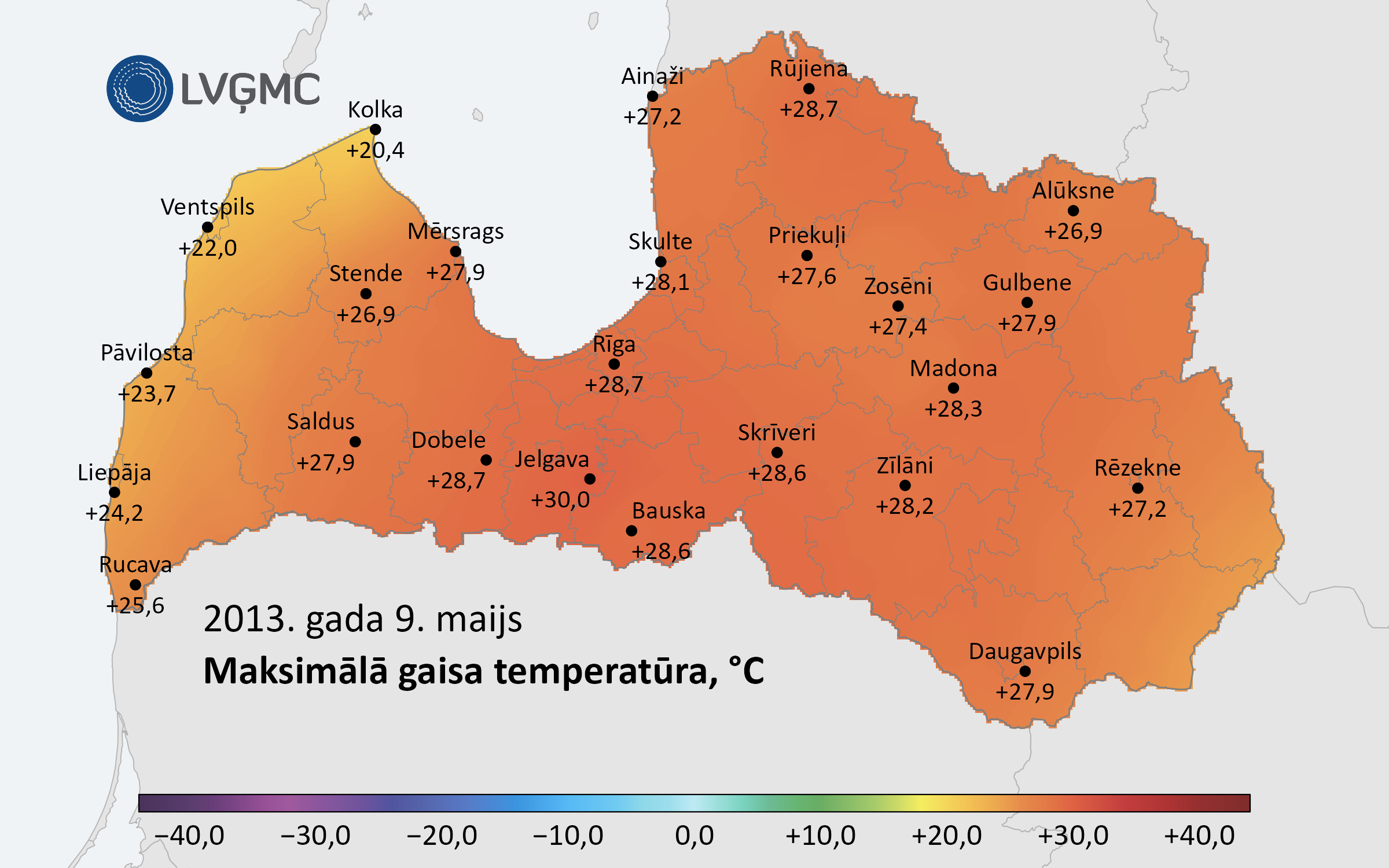 Maksimālā gaisa temperatūra Latvijā 2013. gada 9. maijā, °C