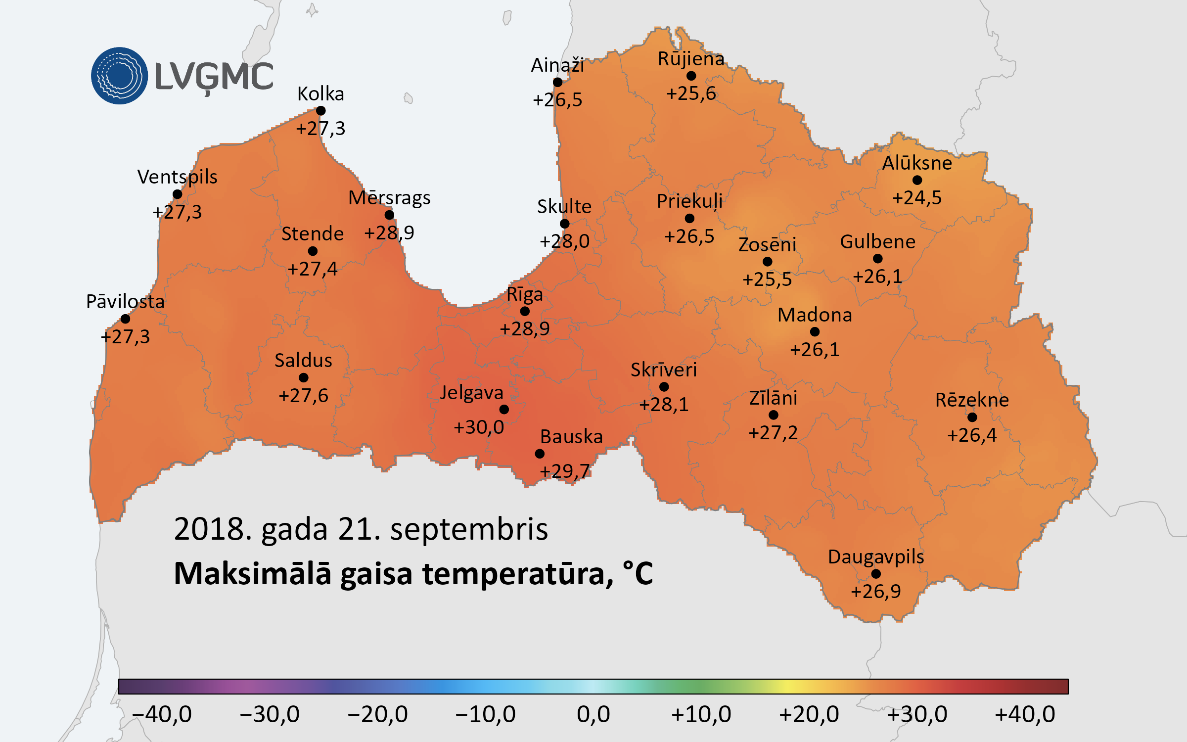 Maksimālā gaisa temperatūra Latvijā 2018. gada 21. septembrī, °C