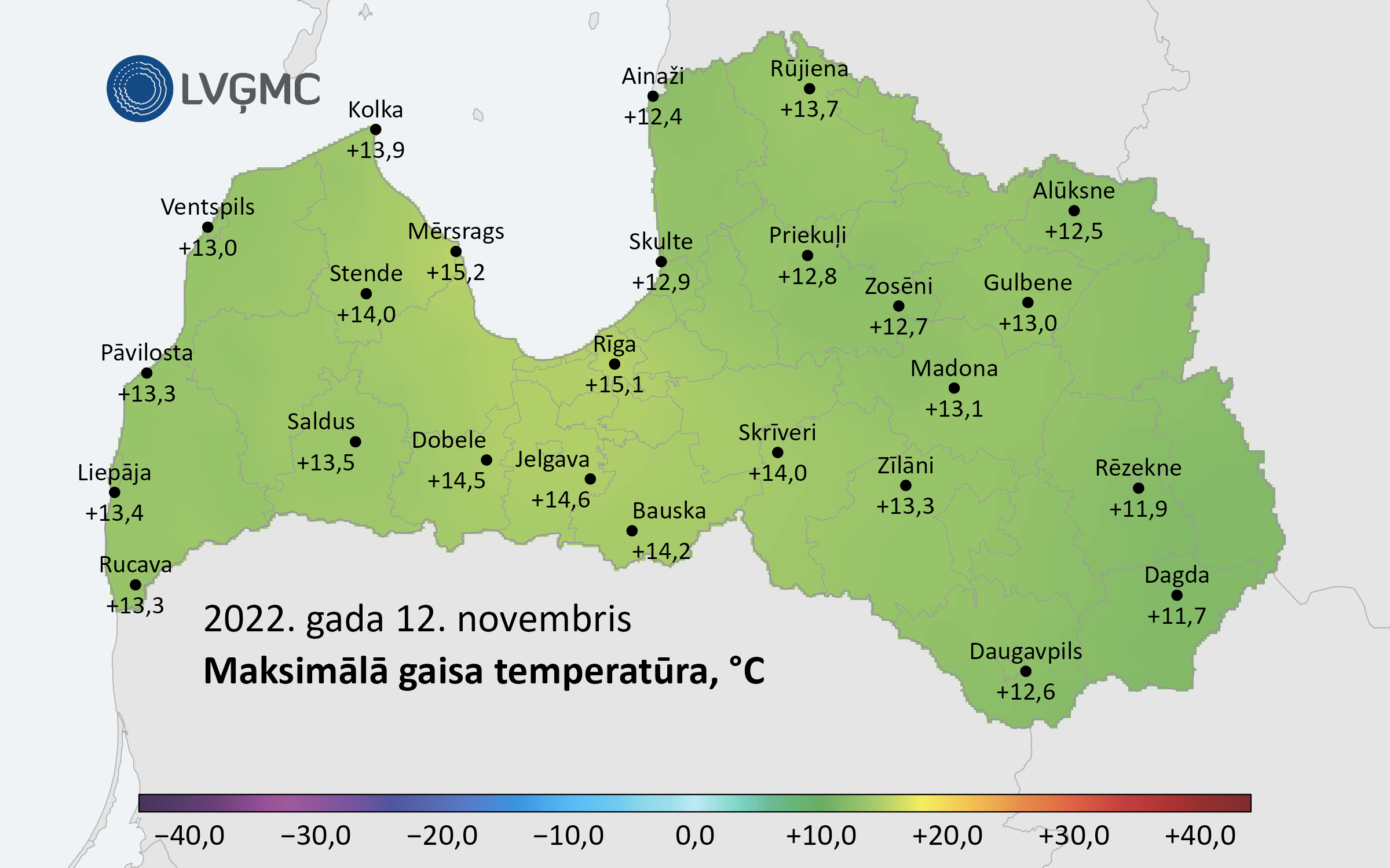 Maksimālā gaisa temperatūra Latvijā 2022. gada 12. novembrī, °C