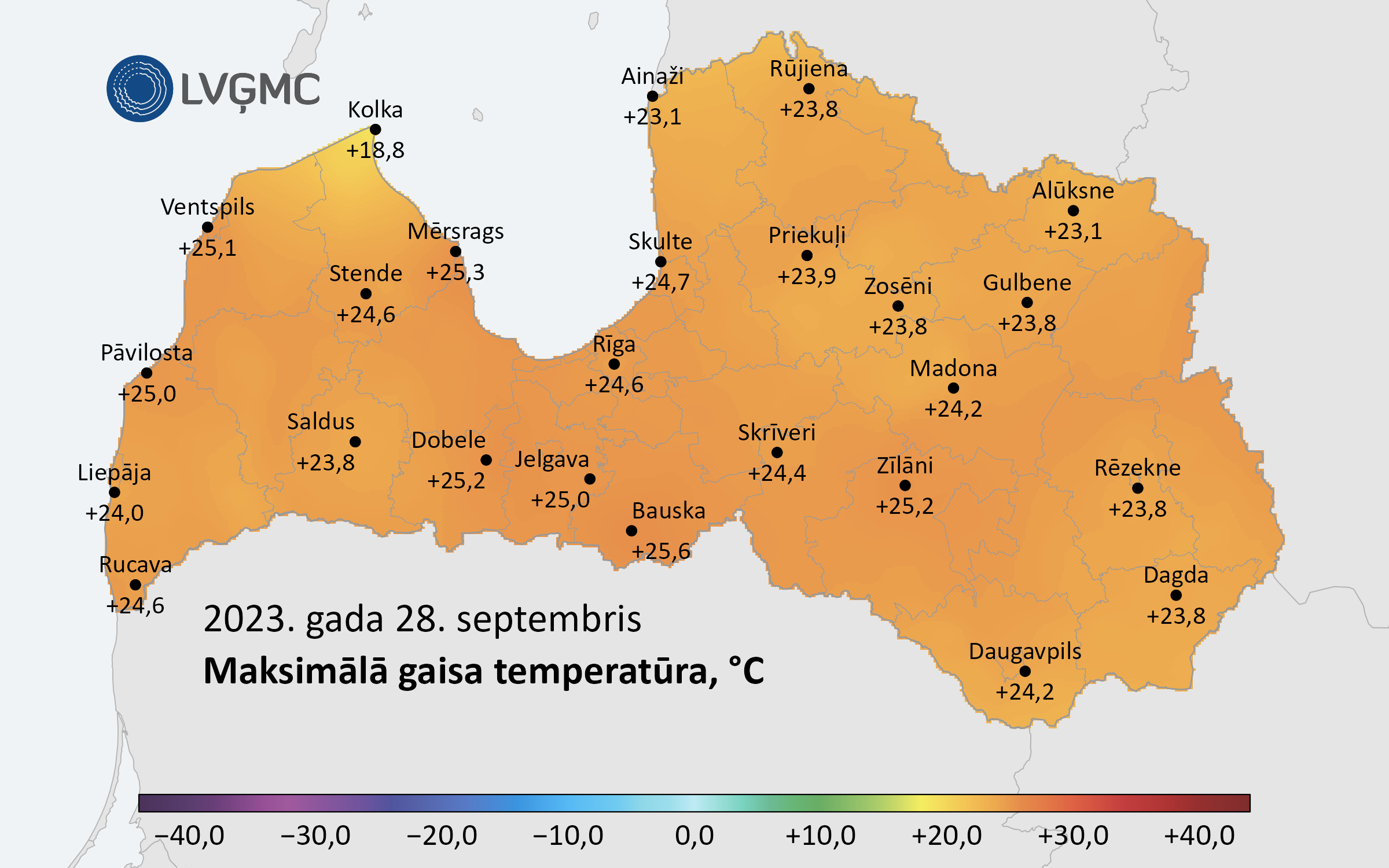 Maksimālā gaisa temperatūra Latvijā 2023. gada 28. septembrī, °C