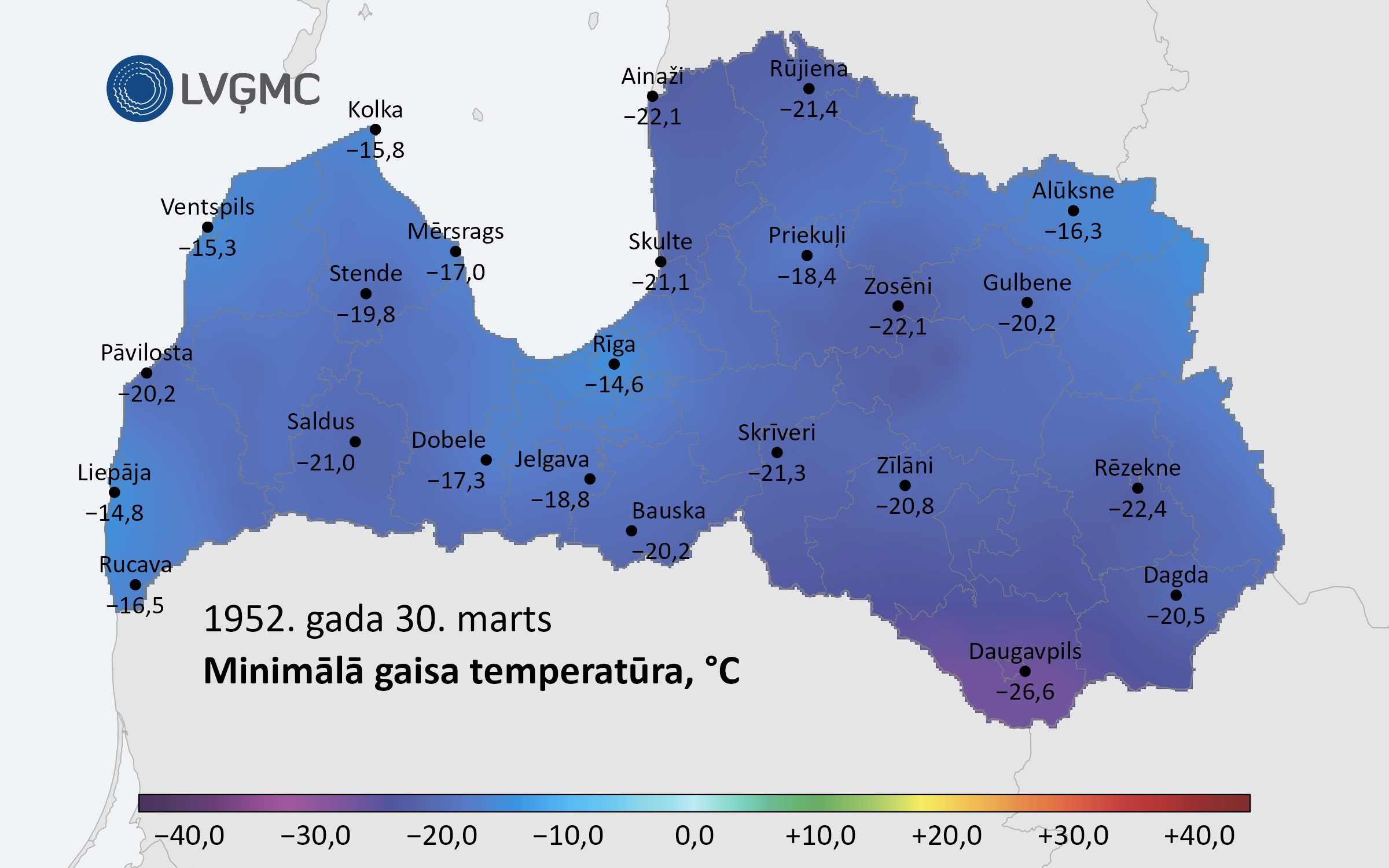 Minimālā gaisa temperatūra Latvijā 1952. gada 30. martā, °C