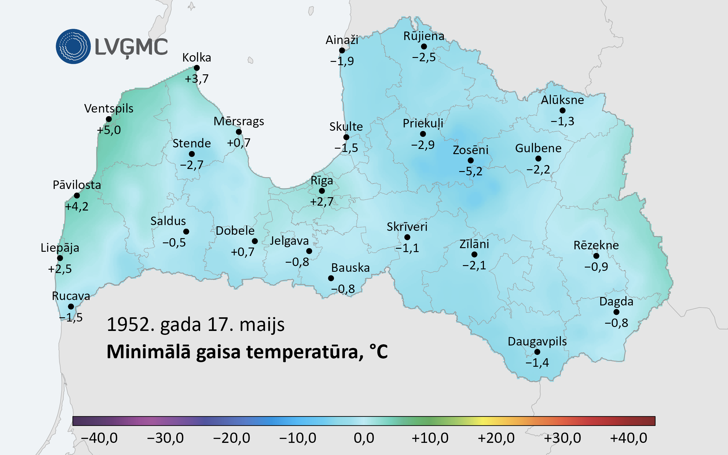 Minimālā gaisa temperatūra Latvijā 1952. gada 17. maijā, °C