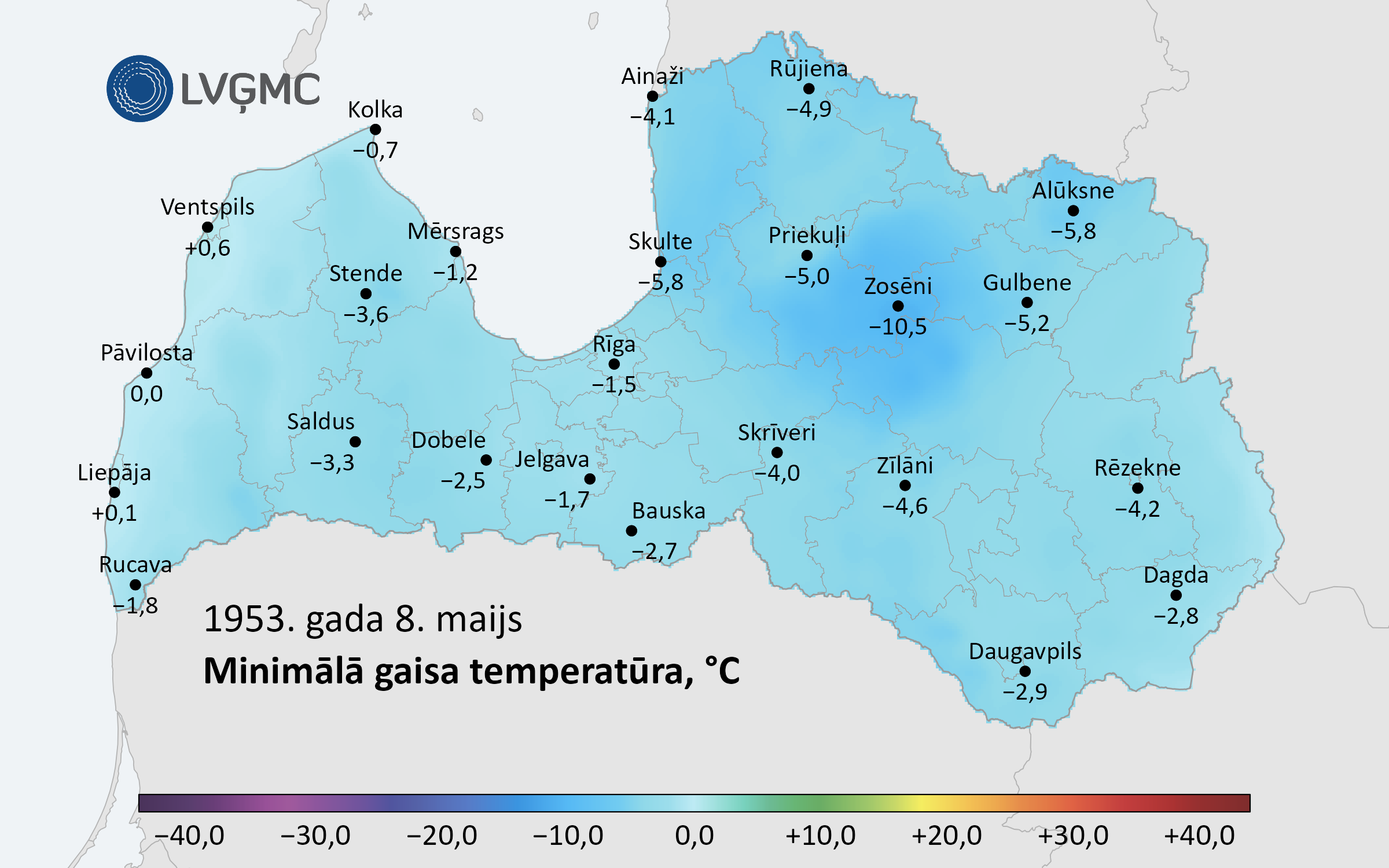 Minimālā gaisa temperatūra Latvijā 1953. gada 8. maijā, °C
