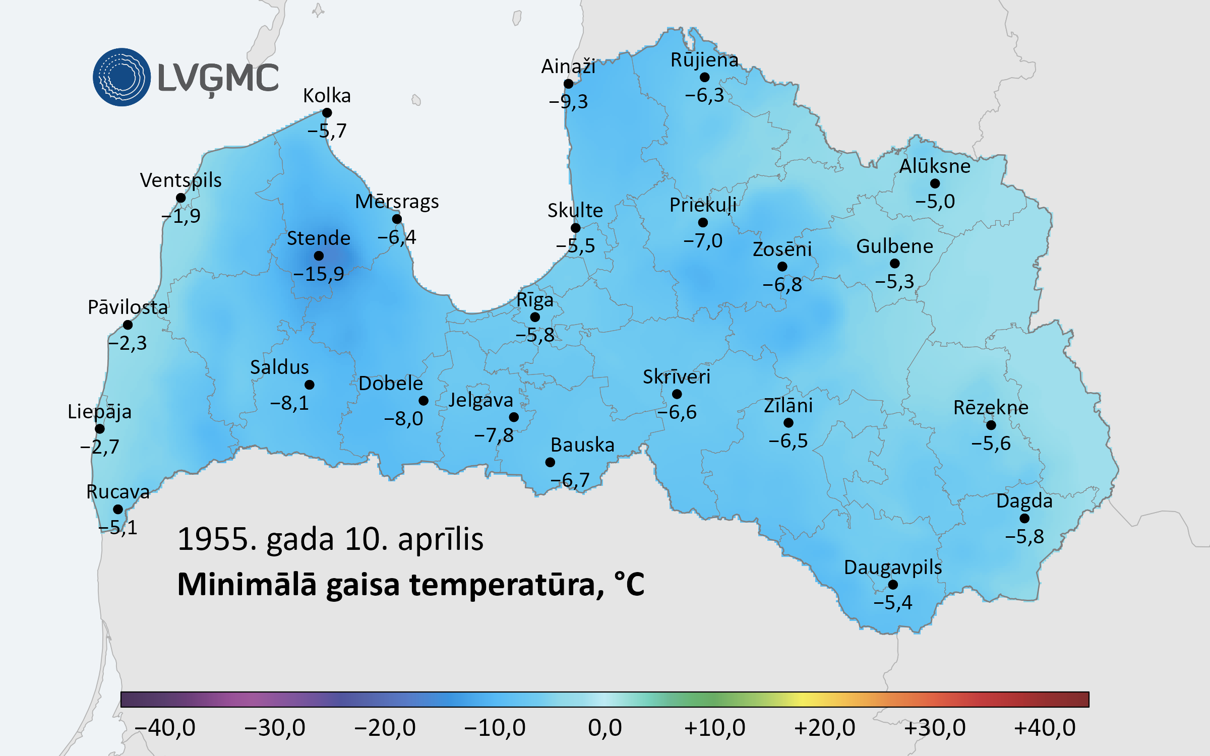 Minimālā gaisa temperatūra Latvijā 1955. gada 10. aprīlī, °C