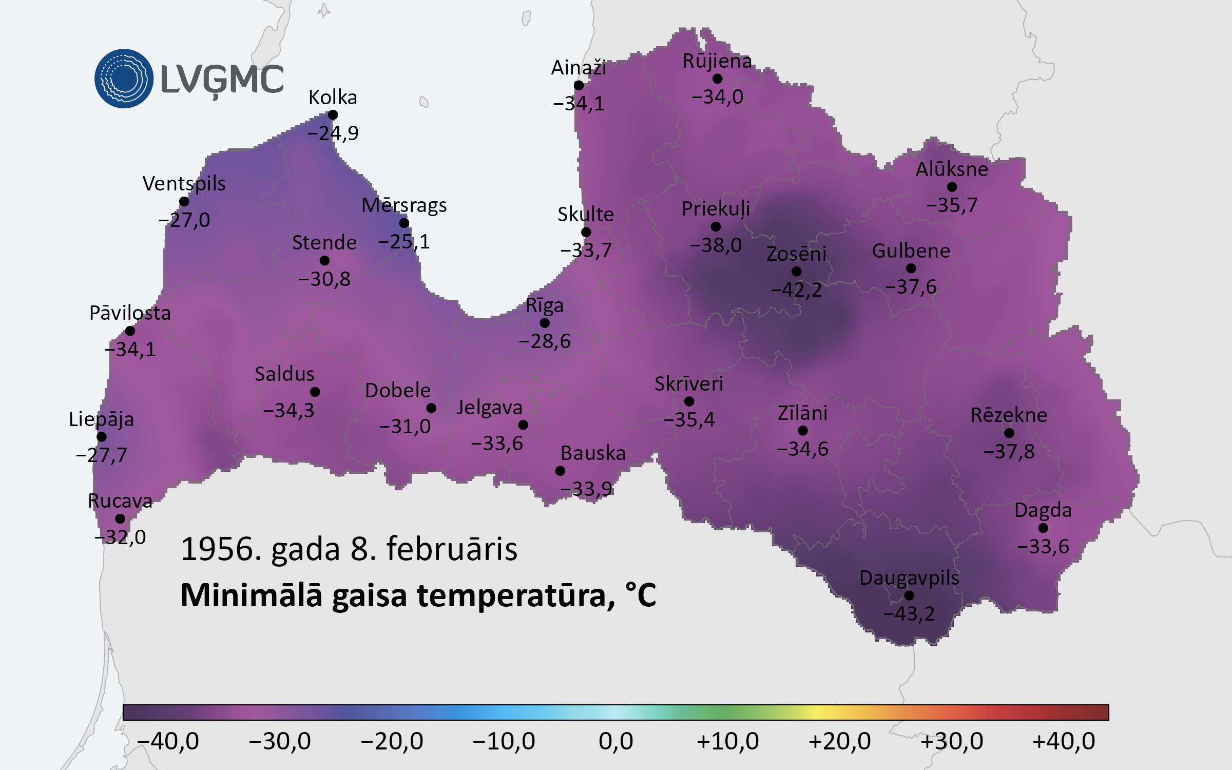 Minimālā gaisa temperatūra Latvijā 1956. gada 8. februārī, °C