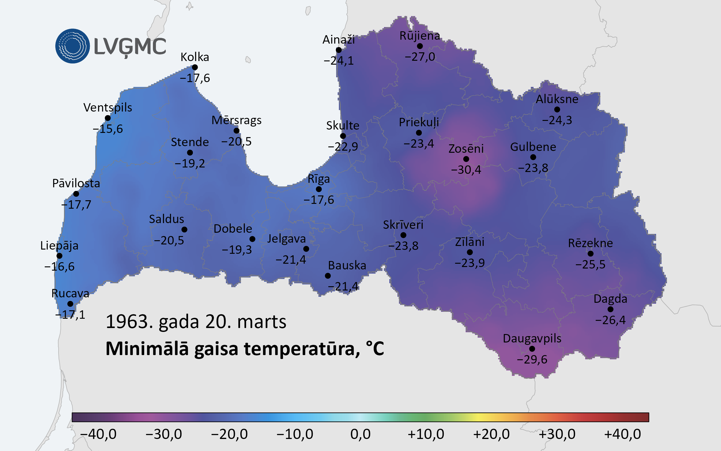 Minimālā gaisa temperatūra Latvijā 1963. gada 20. martā, °C