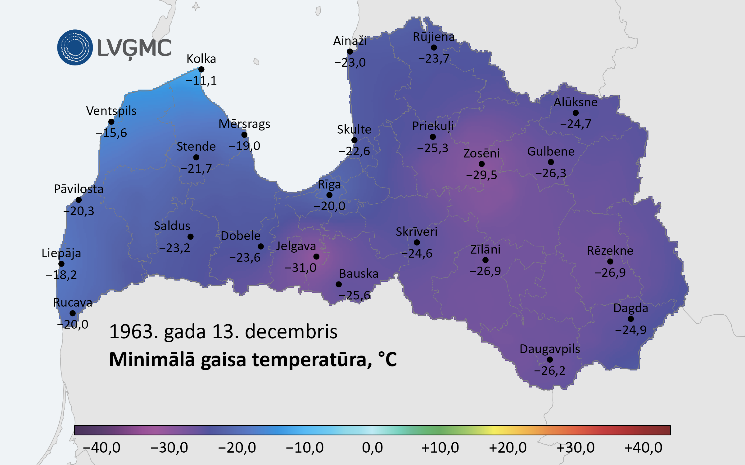 Minimālā gaisa temperatūra Latvijā 1963. gada 13. decembrī, °C