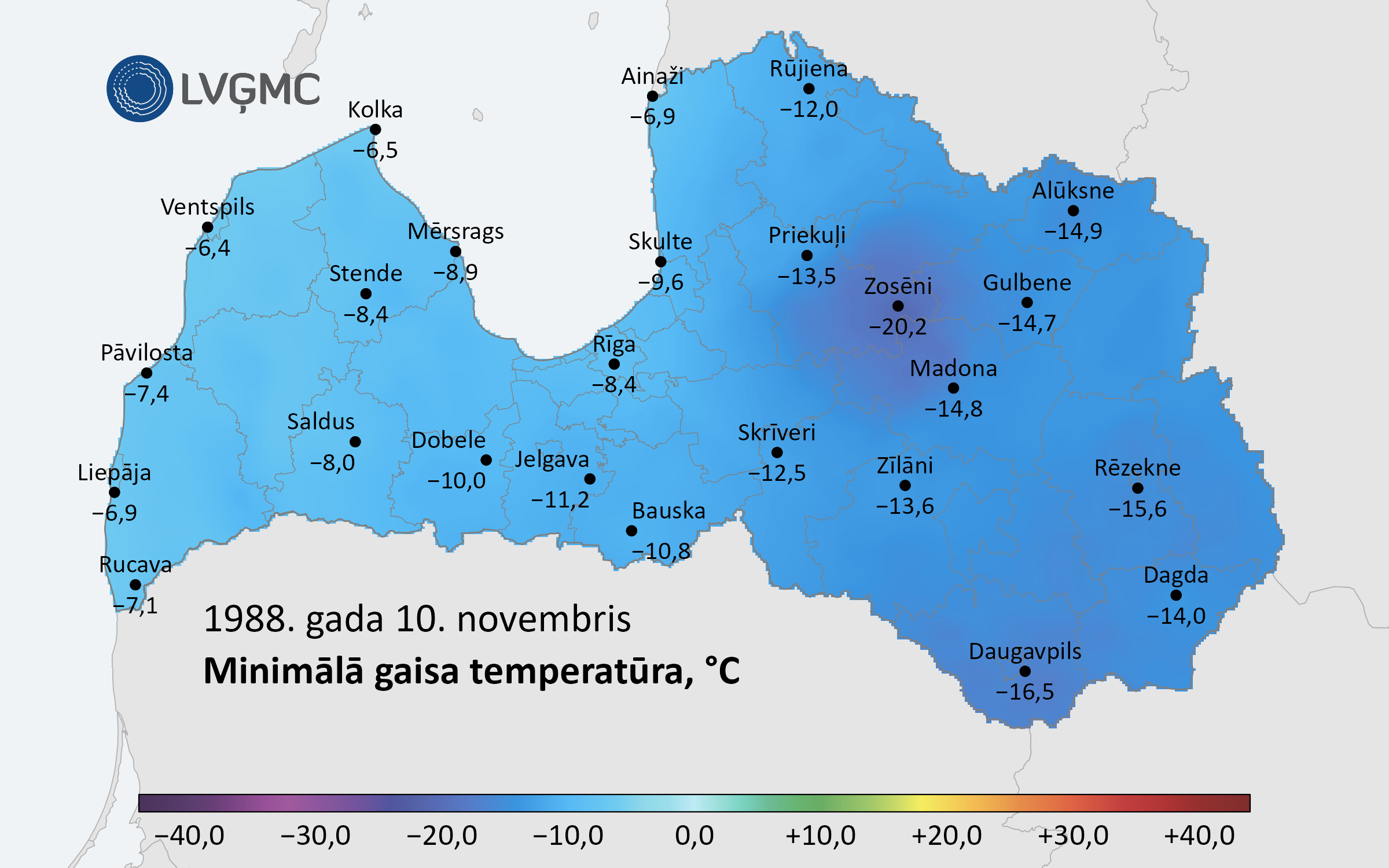 Minimālā gaisa temperatūra Latvijā 1988. gada 10. novembrī, °C