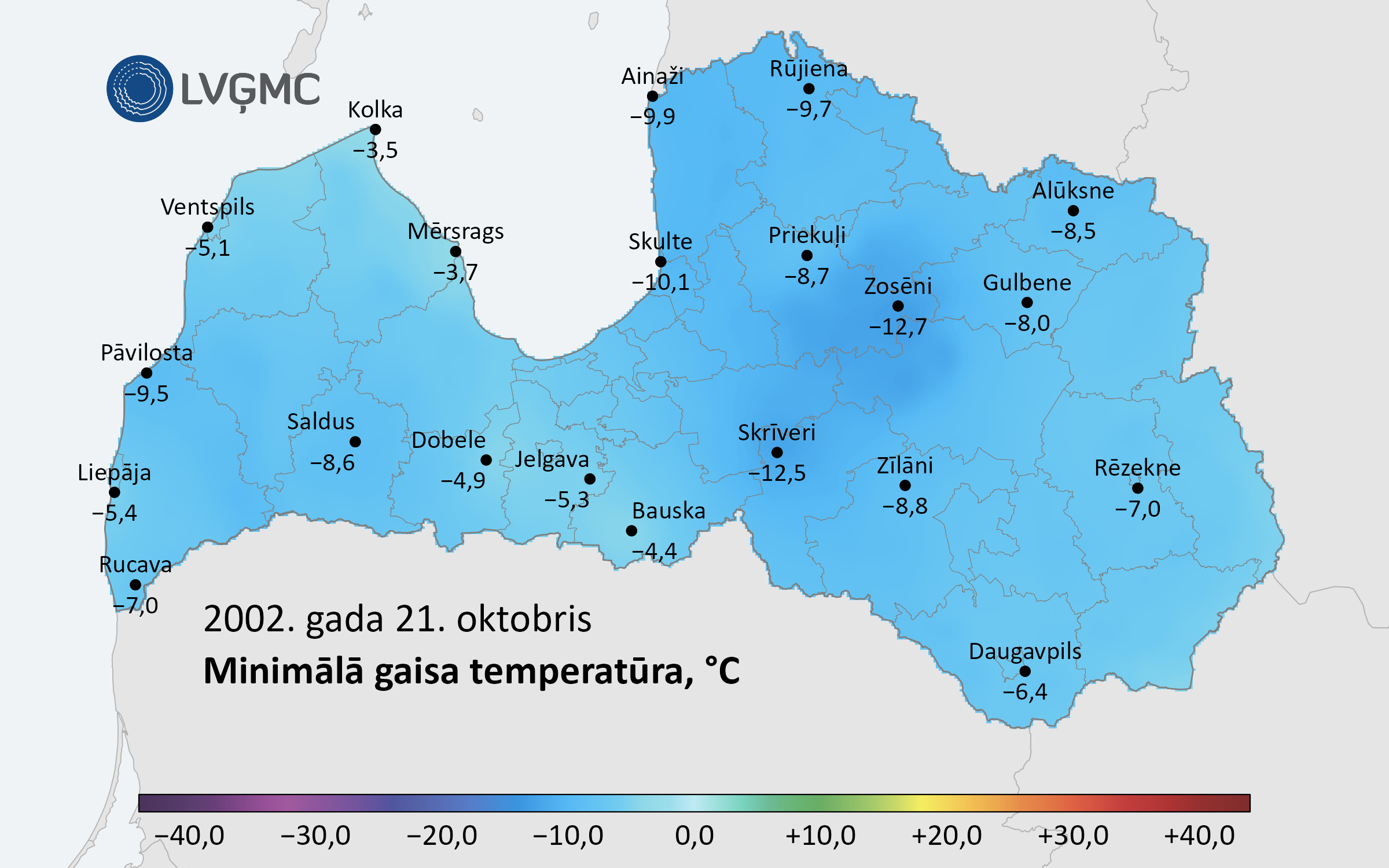 Minimālā gaisa temperatūra Latvijā 2002. gada 21. oktobrī, °C