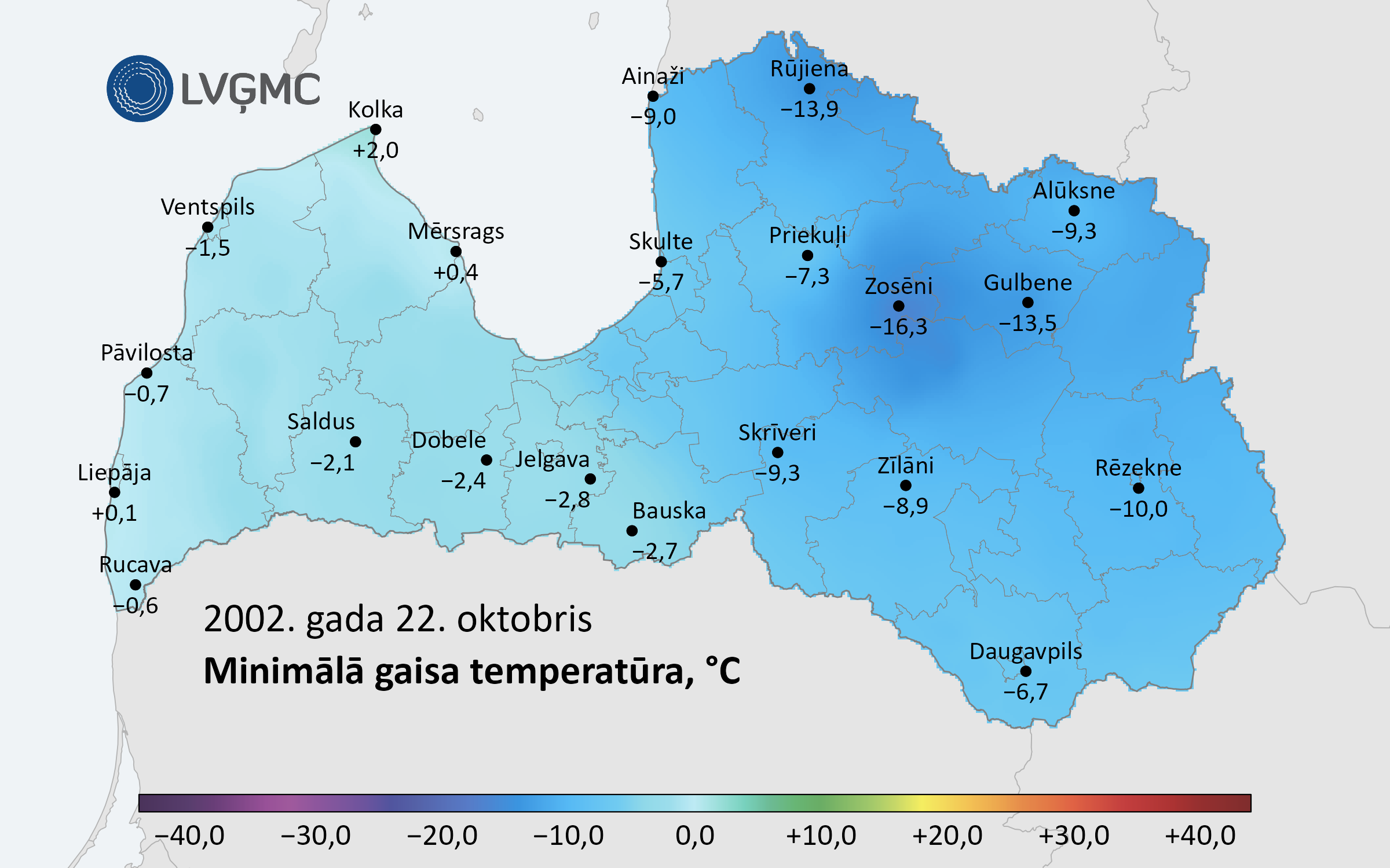 Minimālā gaisa temperatūra Latvijā 2002. gada 22. oktobrī, °C