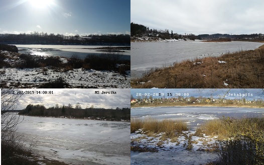 Augšā pa kreisi: Daugava pie Daugavpils 2 km augšpus novērojumu stacijas 2019. gada 14. februārī (foto: V. Kudrjavskis). Augšā pa labi: Daugava pie Krāslavas 27. februārī (foto: V. Kučinskis). Apakšā: Daugava pie Jersikas 28. februārī (pa kreisi) un pie Jēkabpils 28. februārī (pa labi).