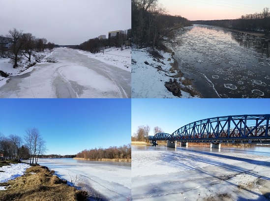 Augšā pa kreisi: Gauja pie Valmieras 2019. gada 10. februārī (foto: R. Klints). Augšā pa labi: Gauja pie Rāmkalniem 22. februārī (foto: I. Latkovska). Apakšā: Gauja pie Carnikavas 22. februārī (foto: J. Melngailis).