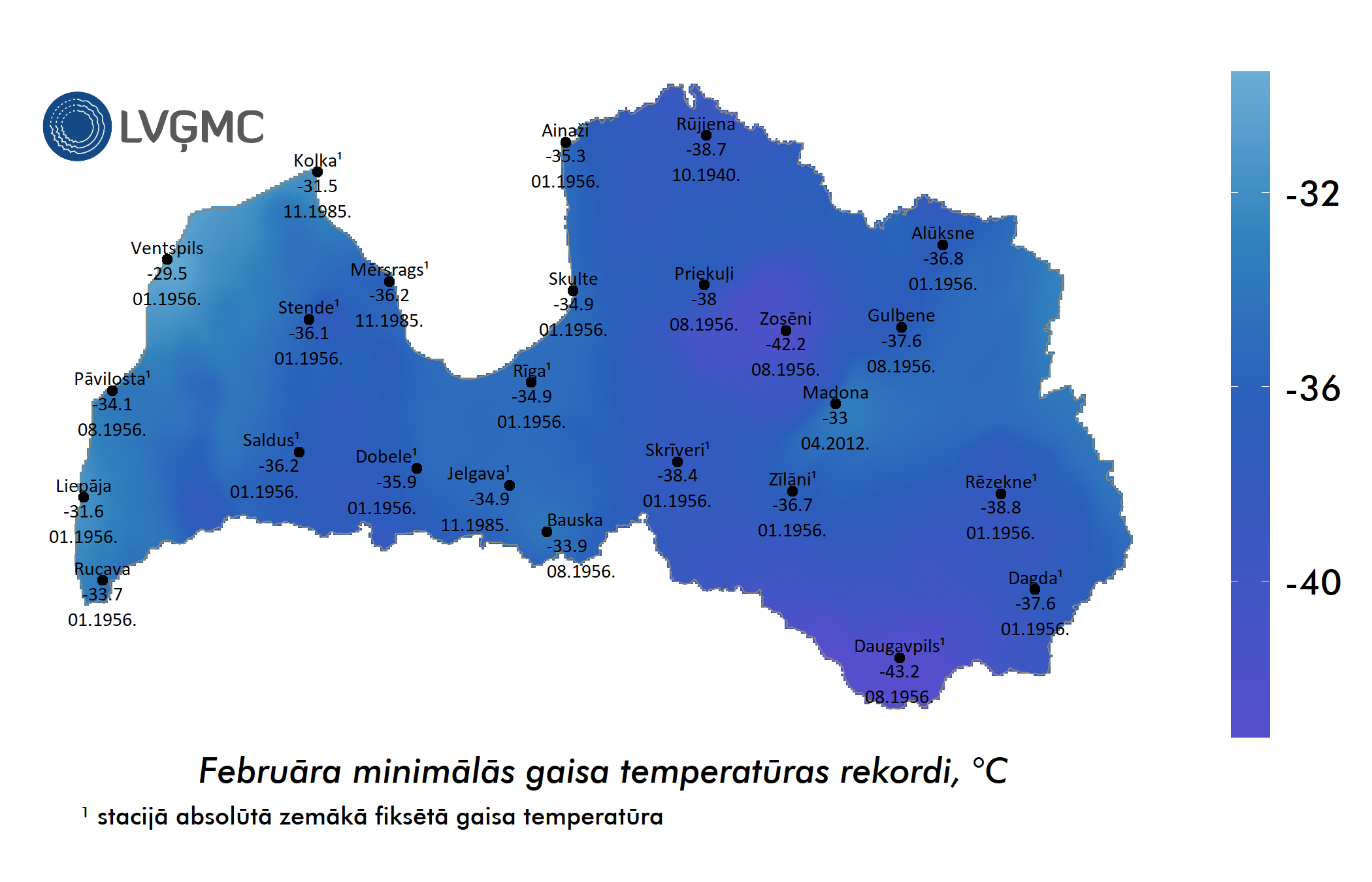 Februāra absolūtie minimālās gaisa temperatūras rekordi