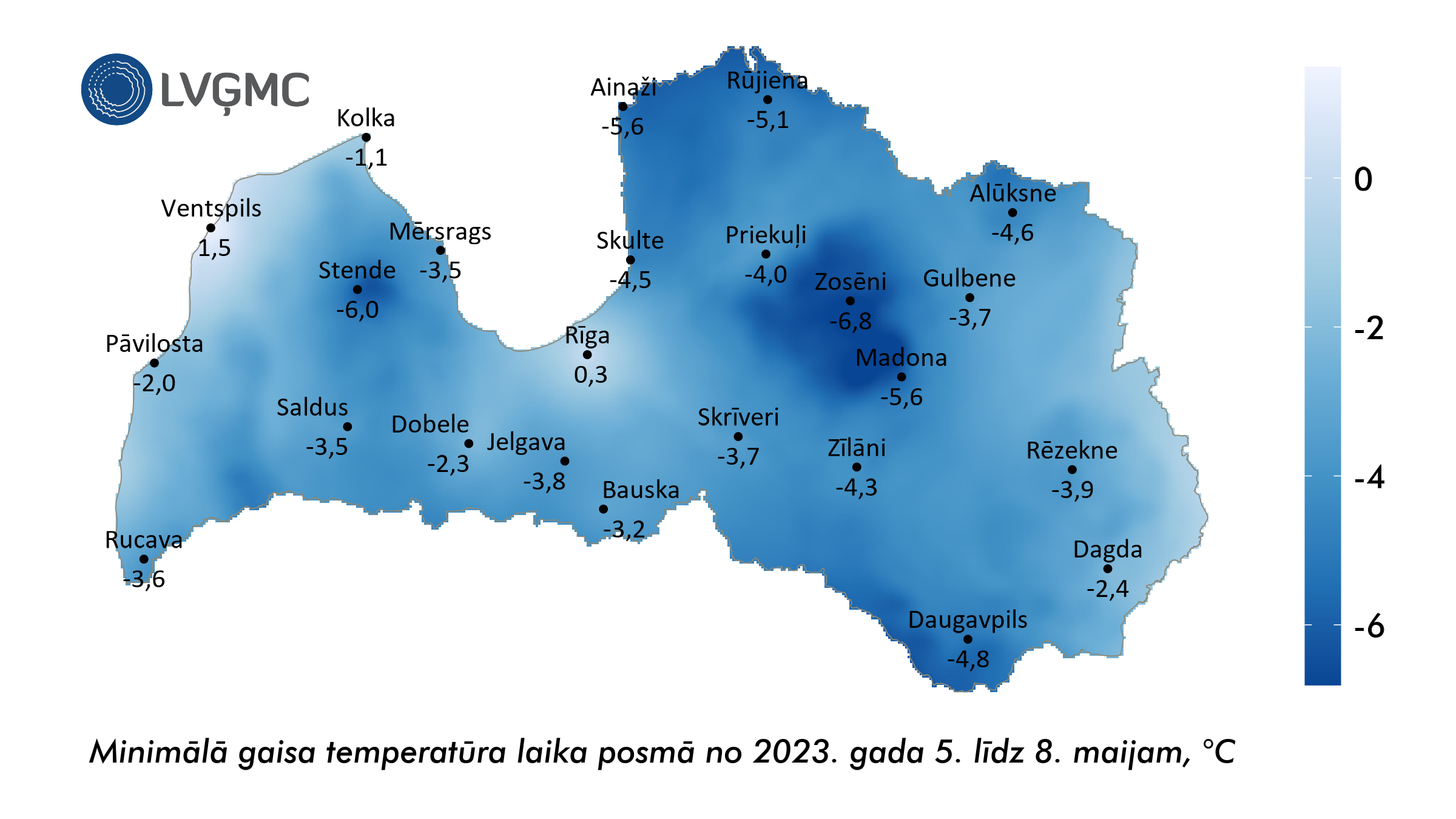 Minimālā gaisa temperatūra laika posmā no 2023. gada 5. līdz 8. maijam, °C