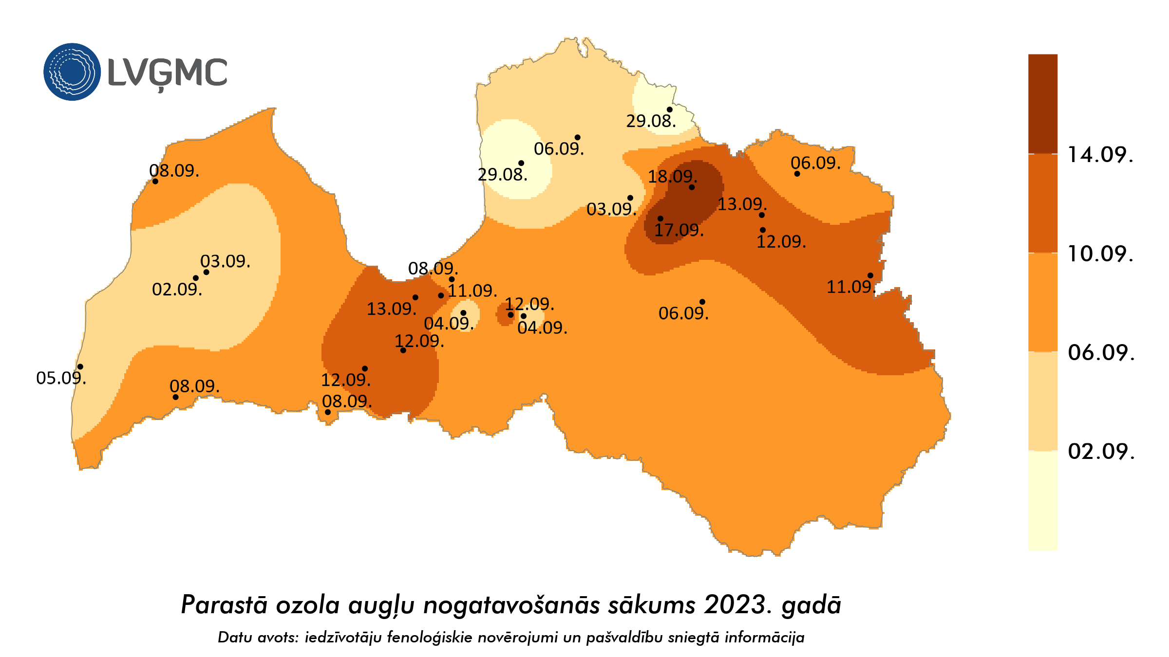 Parastā ozola augļu nogatavošanās sākums 2023. gadā
