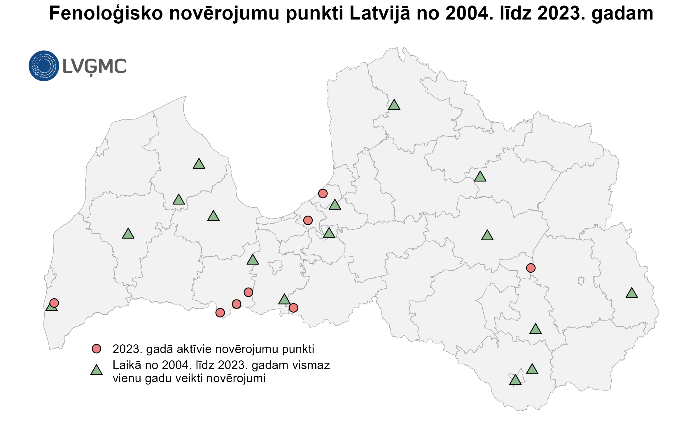 Fenoloģisko novērojumu punkti Latvijā no 2004. līdz 2023. gadam