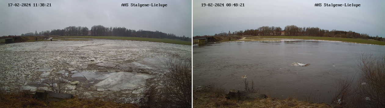 Lielupe pie Staļģenes, 17.02.2024. (pa kreisi) un 19.02.2024. (pa labi)