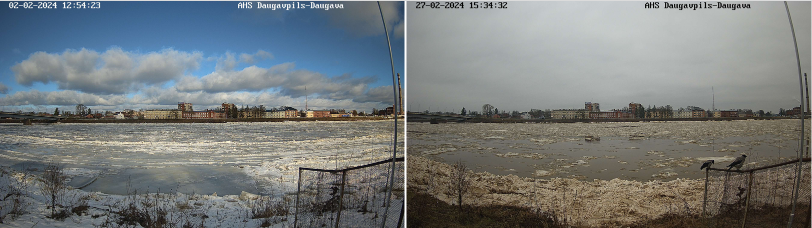 Daugava pie Daugavpils, 02.02.2024. (pa kreisi) un 27.02.2024. (pa labi)
