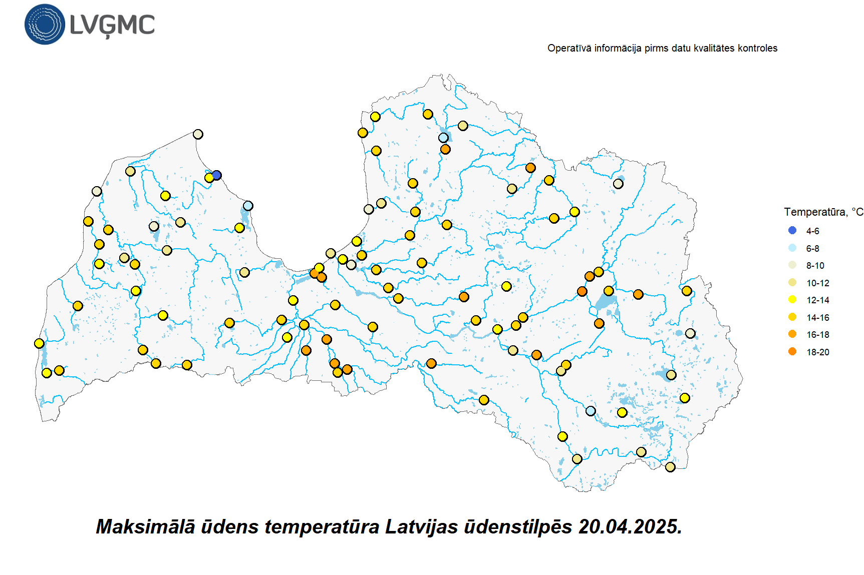 Maksimālā ūdens temperatūra Latvijas ūdenstilpēs 20.04.2025.