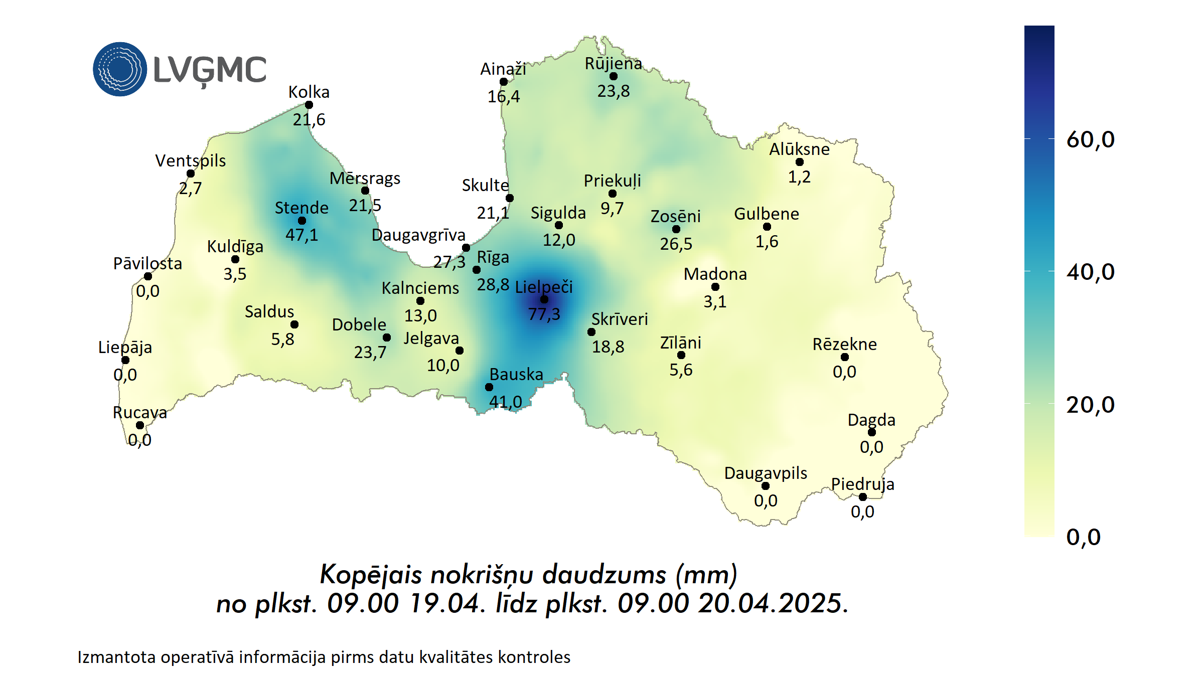 Kopējais nokrišņu daudzums (mm) no plkst. 09.00 19.04. līdz plkst. 09.00 20.04.2025.