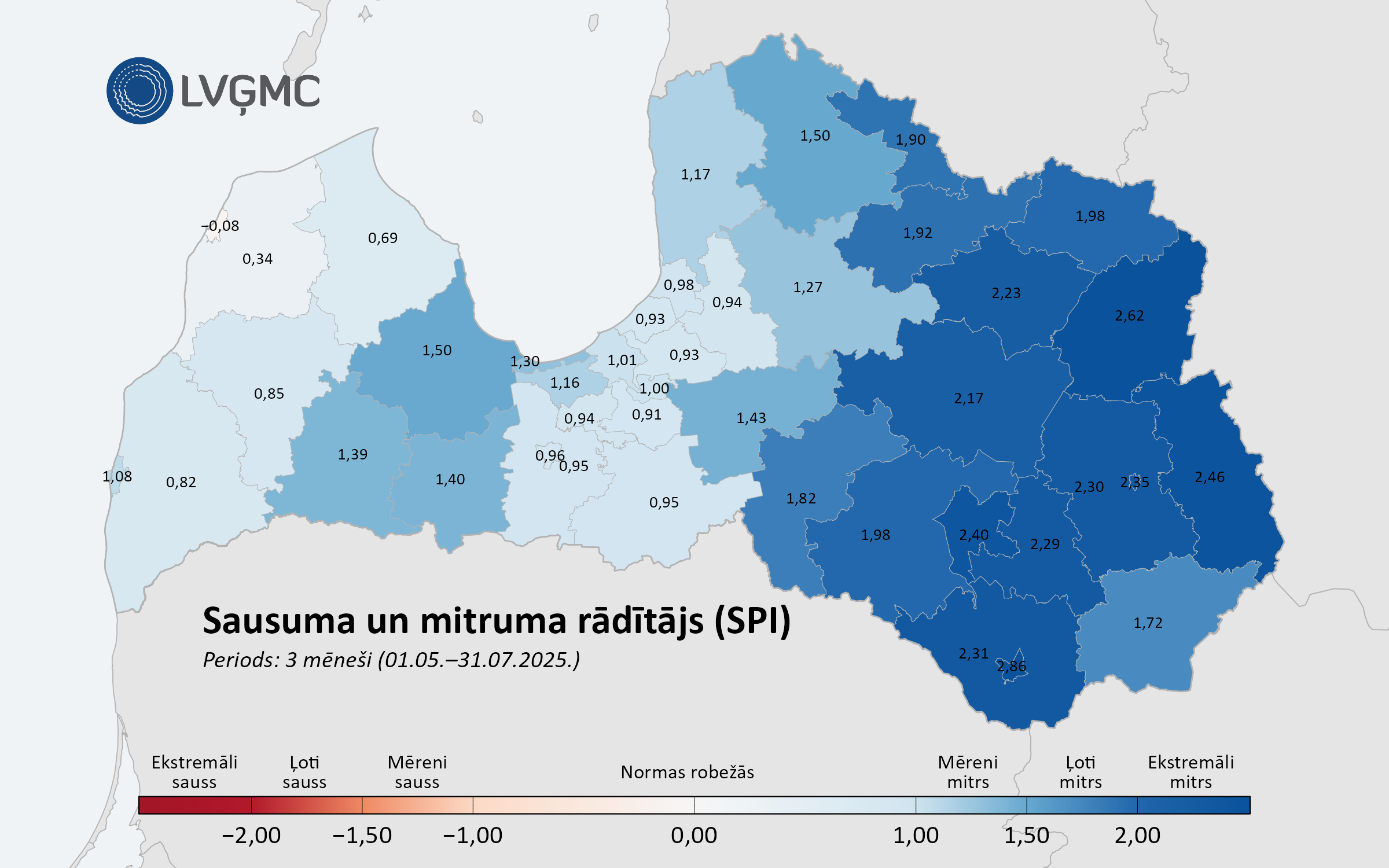 Sausuma un mitruma rādītājs Latvijas pašvaldībās 3 mēnešu periodā (01.05.–31.07.2025.)