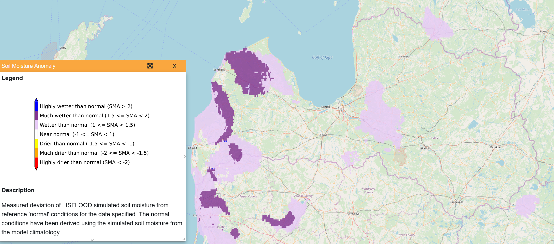 Copernicus Eiropas plūdu informācijas sistēmas (EFAS) dati par augsnes mitruma anomāliju uz 31.08.2026.