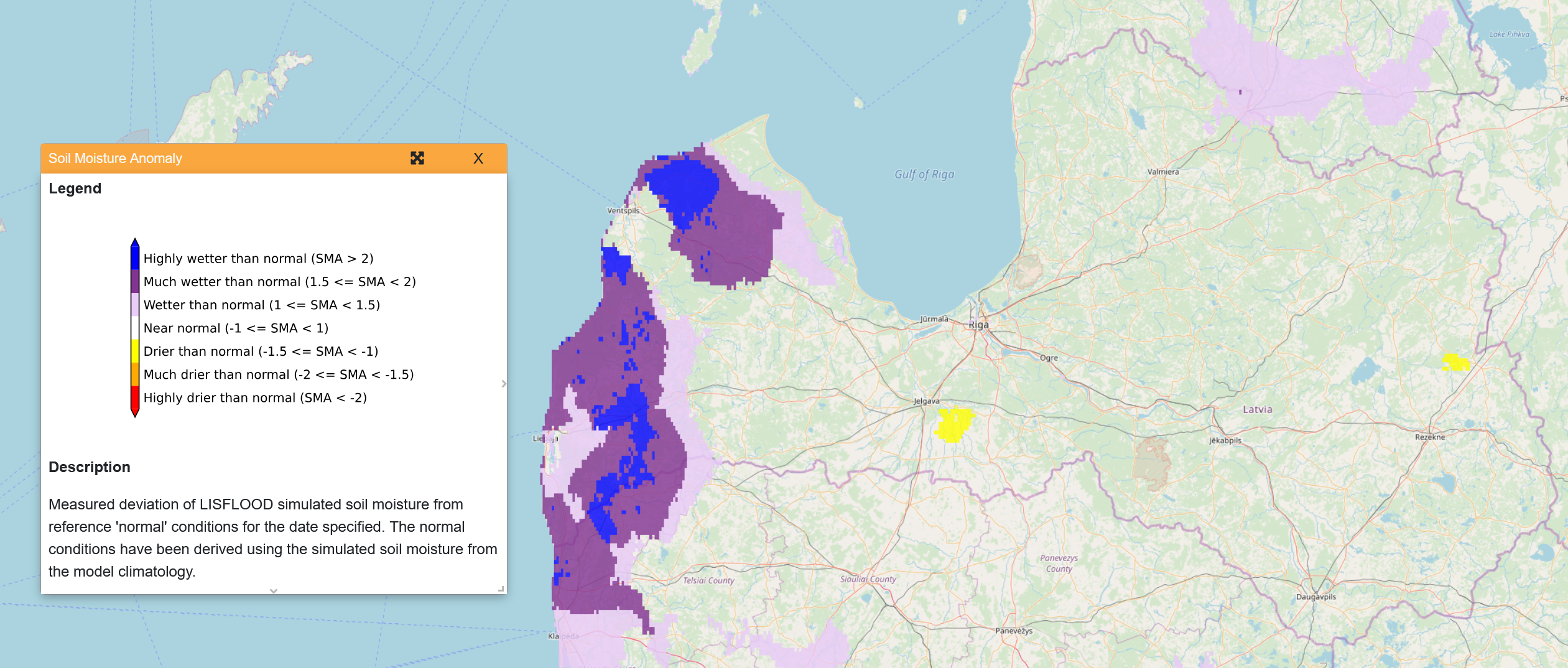 Copernicus Eiropas plūdu informācijas sistēmas (EFAS) dati par augsnes mitruma anomāliju uz 31.07.2026.