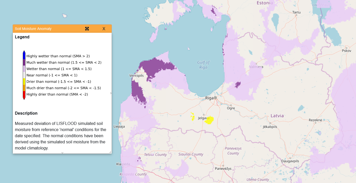 Copernicus Eiropas plūdu informācijas sistēmas (EFAS) dati par augsnes mitruma anomāliju uz 30.09.2026.