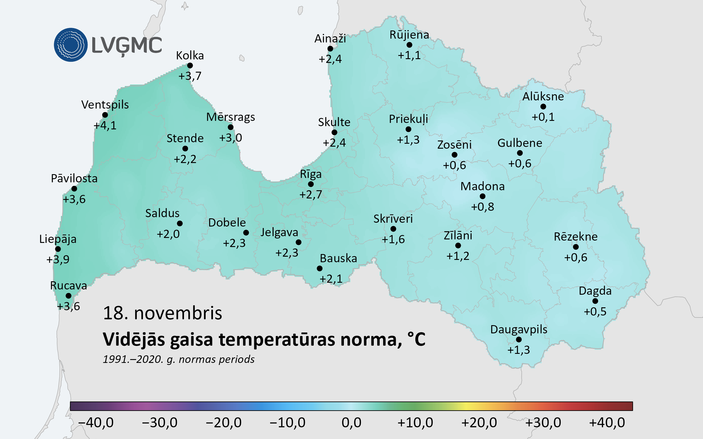 Vidējās gaisa temperatūras norma 18. novembrī, °C