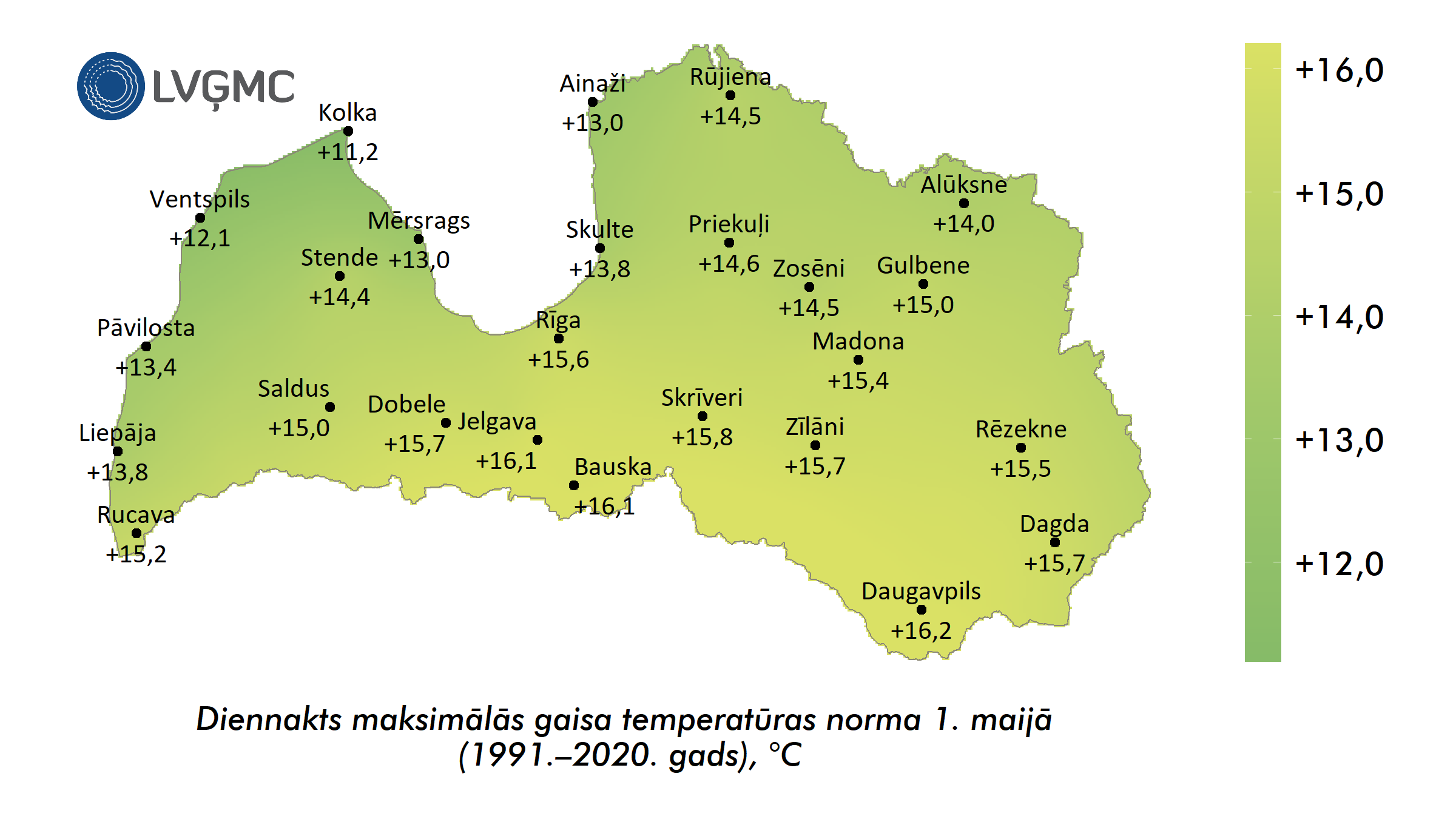 Diennakts maksimālās gaisa temperatūras norma 1. maijā (1991.–2020. gads) 