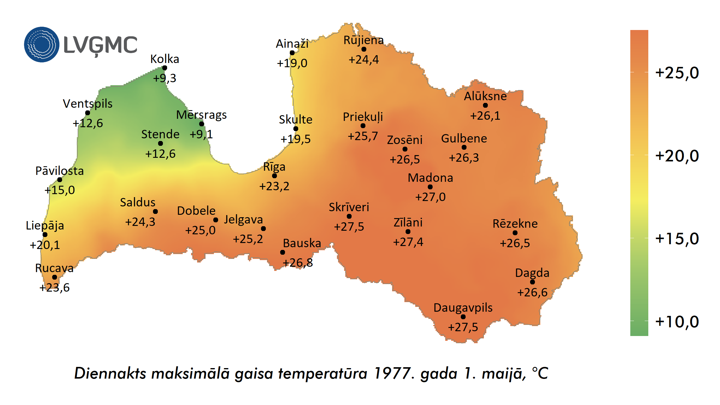 Diennakts maksimālā gaisa temperatūra 1977. gada 1. maijā 