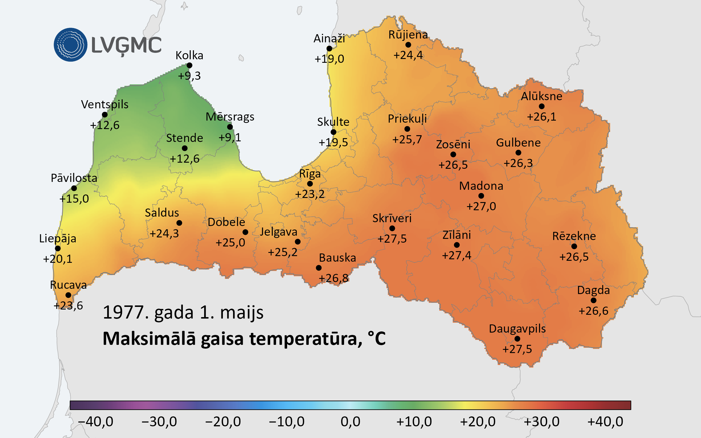 Diennakts maksimālā gaisa temperatūra 1977. gada 1. maijā, C