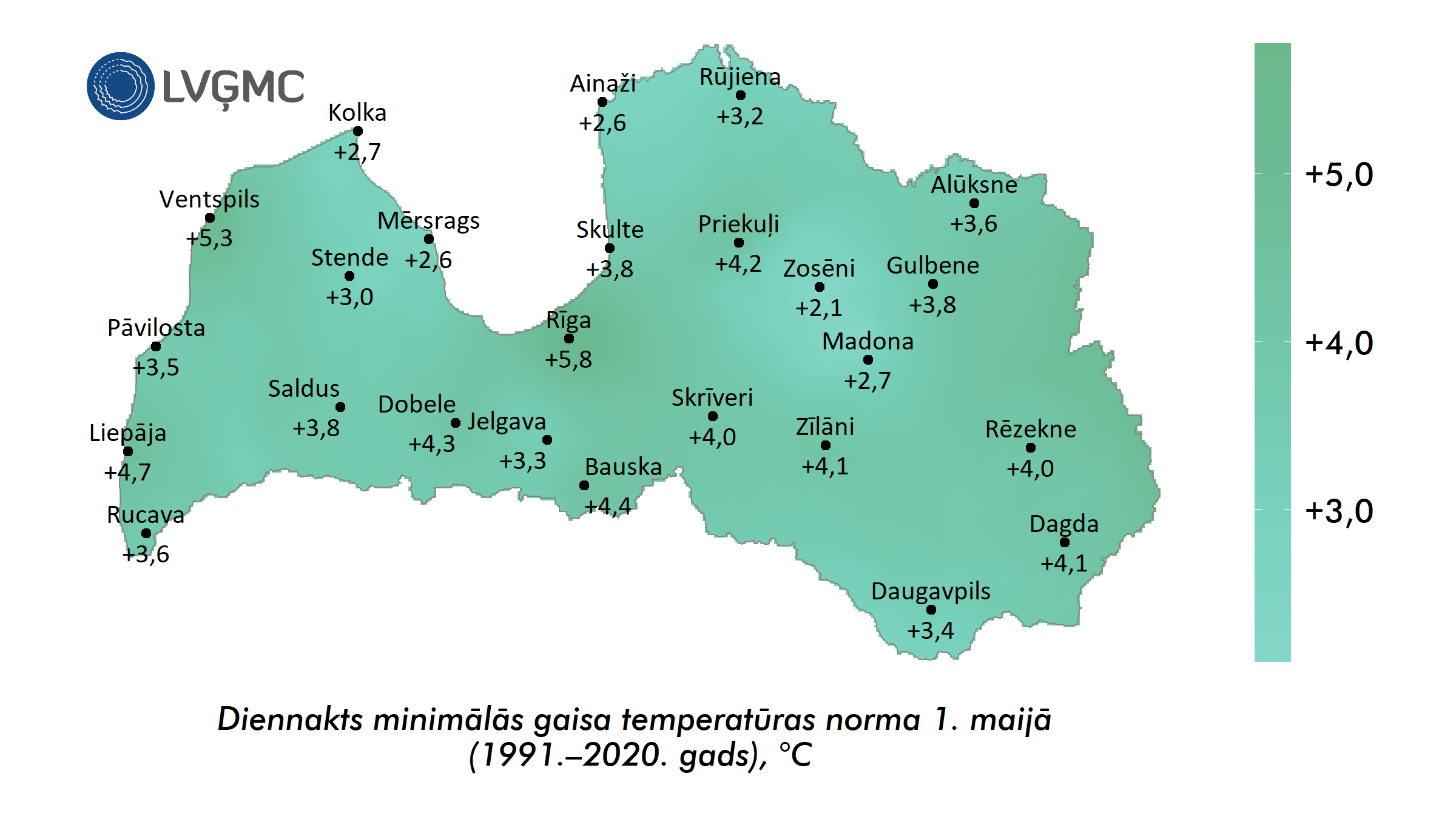 Diennakts minimālās gaisa temperatūras norma 1. maijā (1991.–2020. gads) 